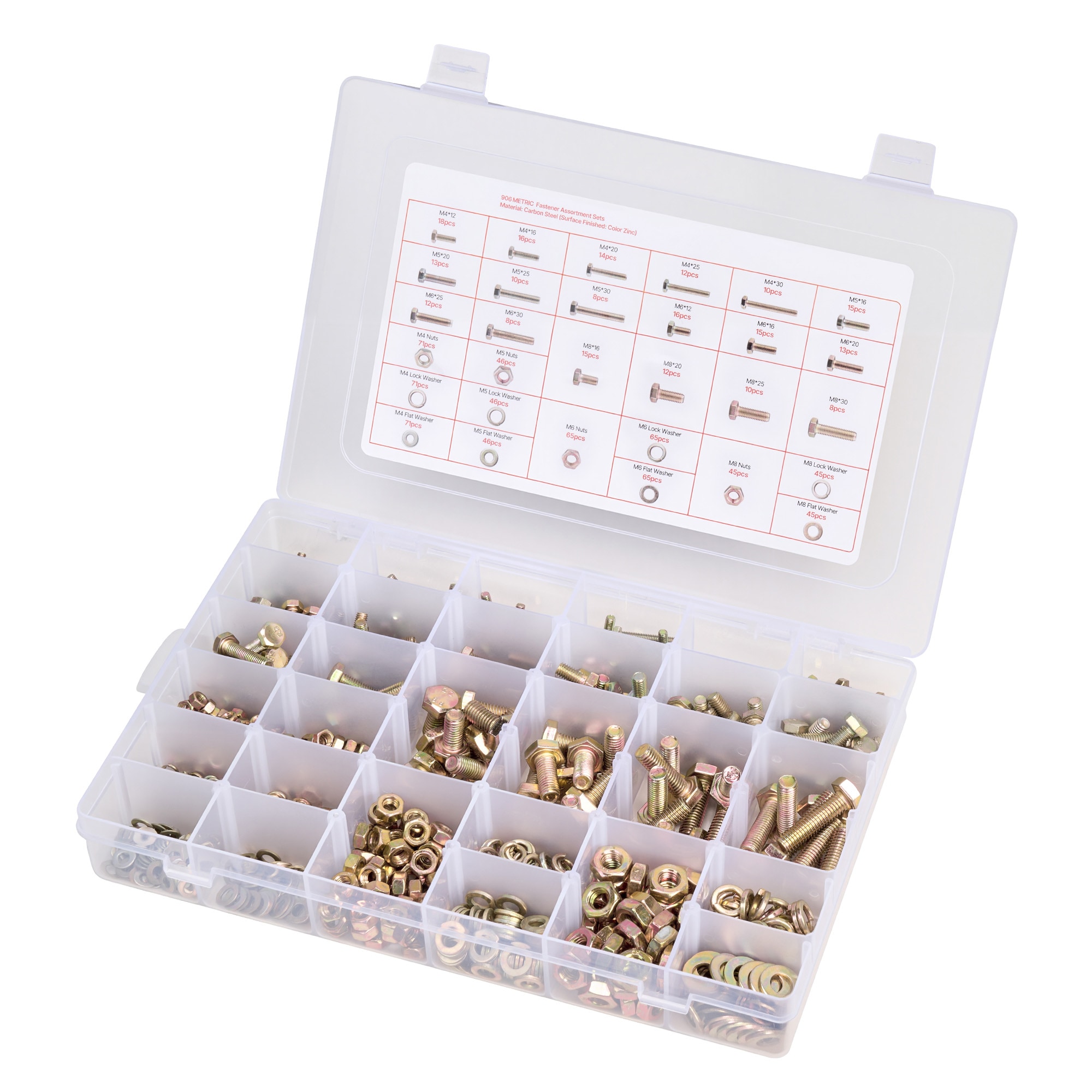 VEVOR 906 Pcs Bolts and Nuts Assortment Kit Metric Machine Screws and Flat Washers Alloy Steel M4/M5/M6/M8 Multiple Size for Equipment Assembly Vehicle Grade 8.8 Gold-Plated Galvanized