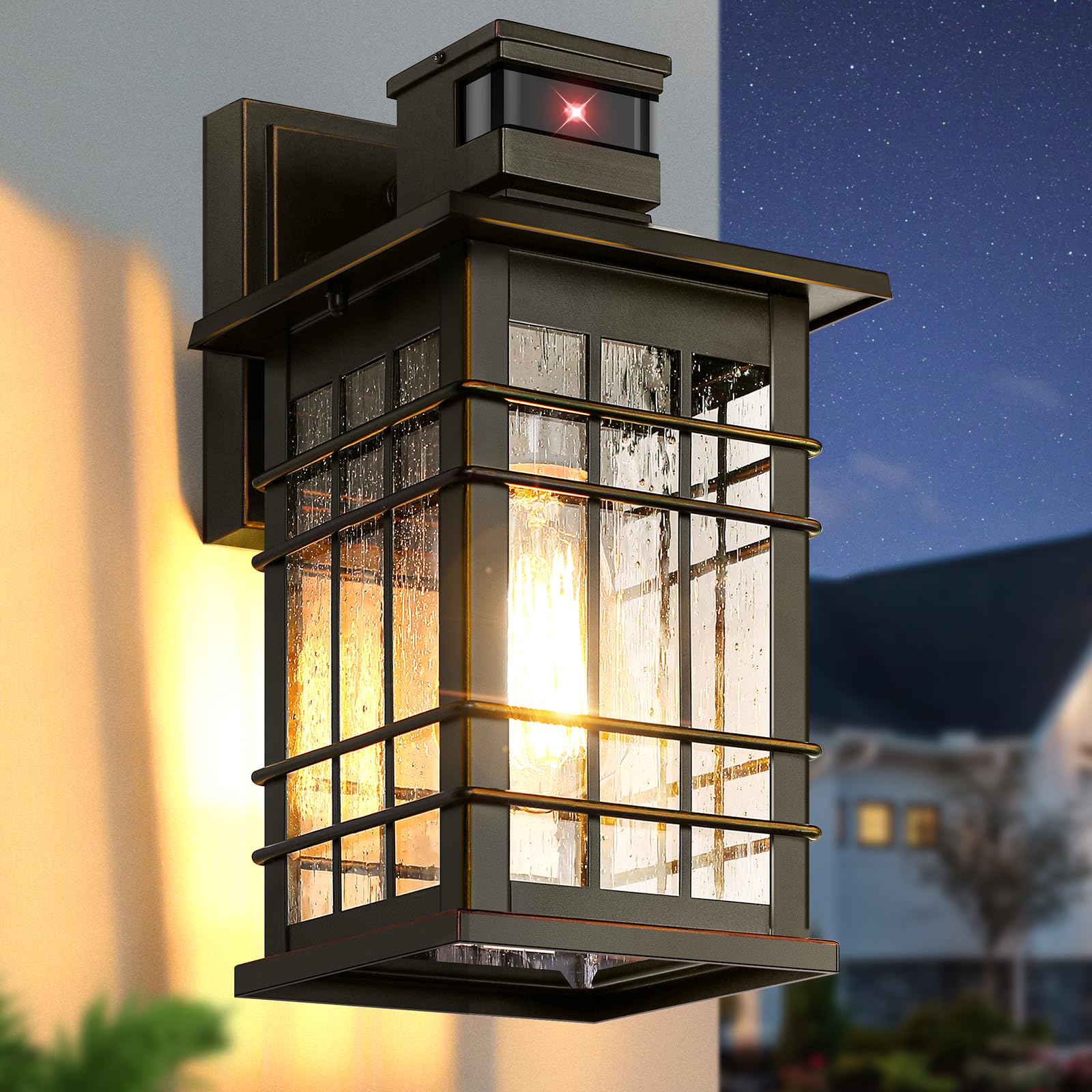 Oyezvary  Motion Sensor Outdoor Light Fixture Wall Mount Dusk to Dawn Oil Rubbed Bronze Waterproof Porch Light with E26 Base and Bubble Glass