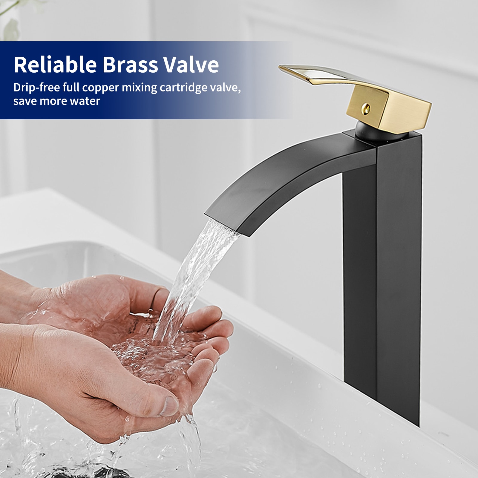 Gold and Black Waterfall Single Handle Vessel Sink Faucet