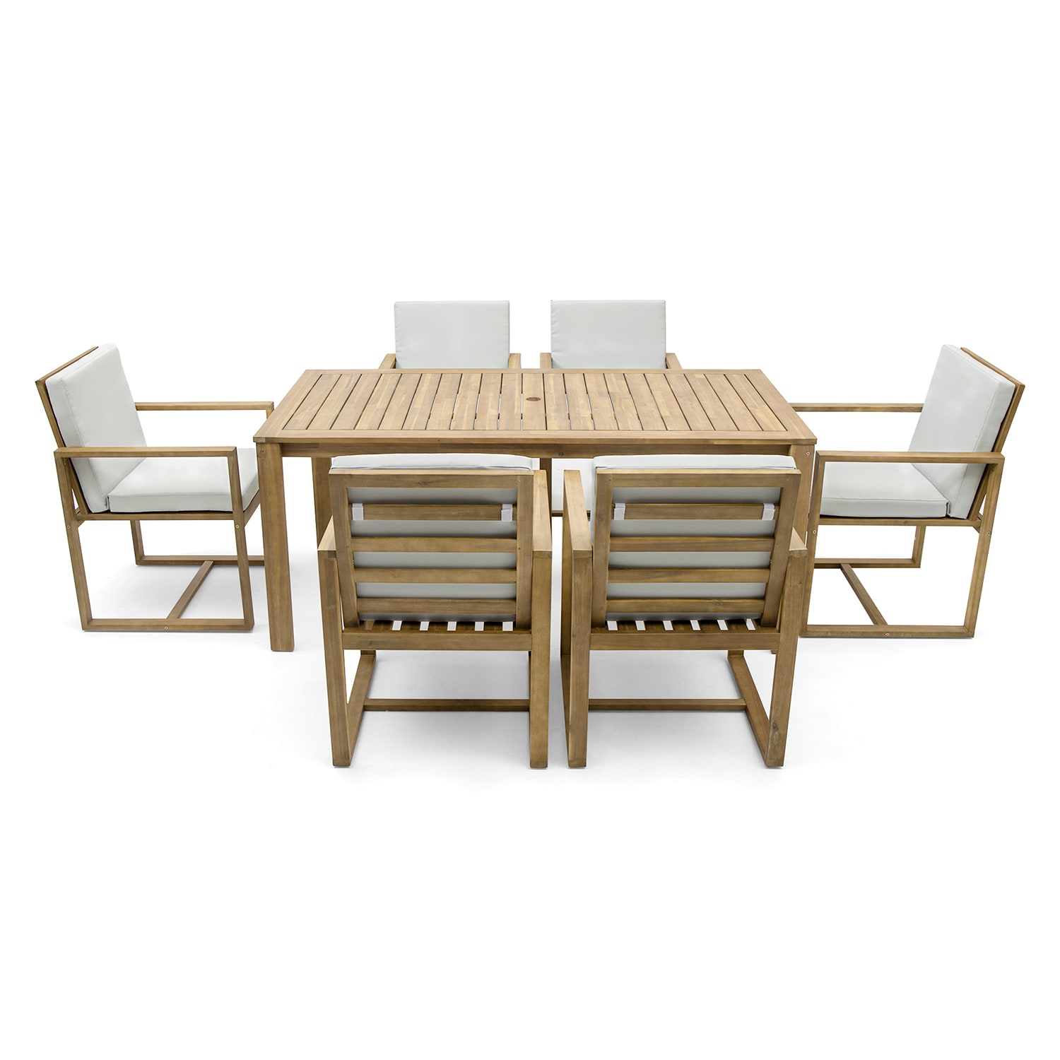 SINOFURN SYA010462WT 7 -Piece Light Teak Patio Dining Set Wood Rectangle Table with 6 Beige Cushions Stationary Chairs