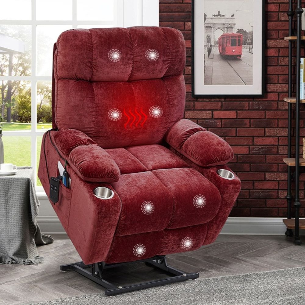 GDFStudio 340535 Fabric Liyasi Dual Okin Motor 180 Degree Flat Power Lift Recliner Chair with Heat Massage Red