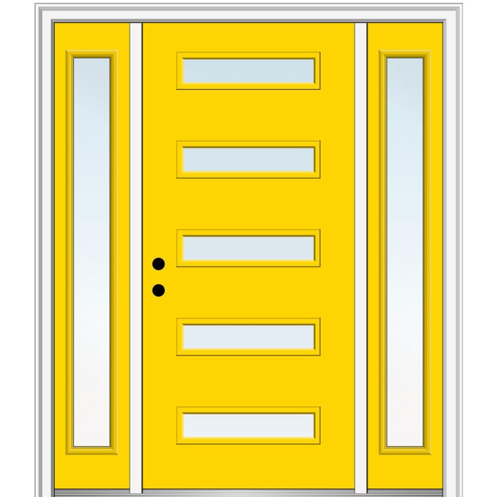 MMI DOOR ZZ349111R Spotlights 64-in x 80-in x 6-9/16-in Fiberglass Pulse lite Right-hand inswing Yellow Flash Painted Prehung Front Door with Sidelights with Brickmould Insulating core