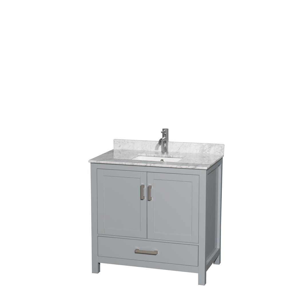 Wyndham Collection WCS141436SGYCMUNSMXX Sheffield 36-in Gray with Brushed Chrome Trim Undermount Single Sink Bathroom Vanity with White Carrera Natural Marble Top