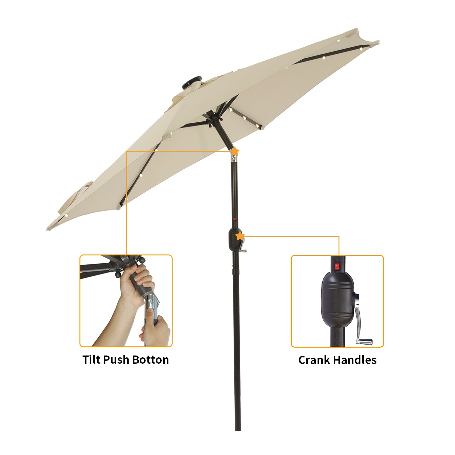 CASAINC 7.5-ft Beige Solar Powered Crank Market Patio Umbrella in the ...