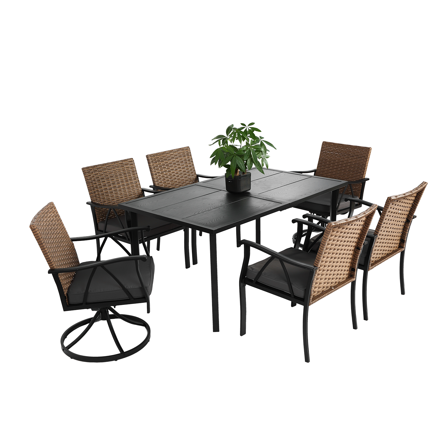 Mondawe MA-GC4135 7 -Piece Brown Patio Dining Set Steel Rectangle Table with 6 Brown Cushions Stationary Chairs