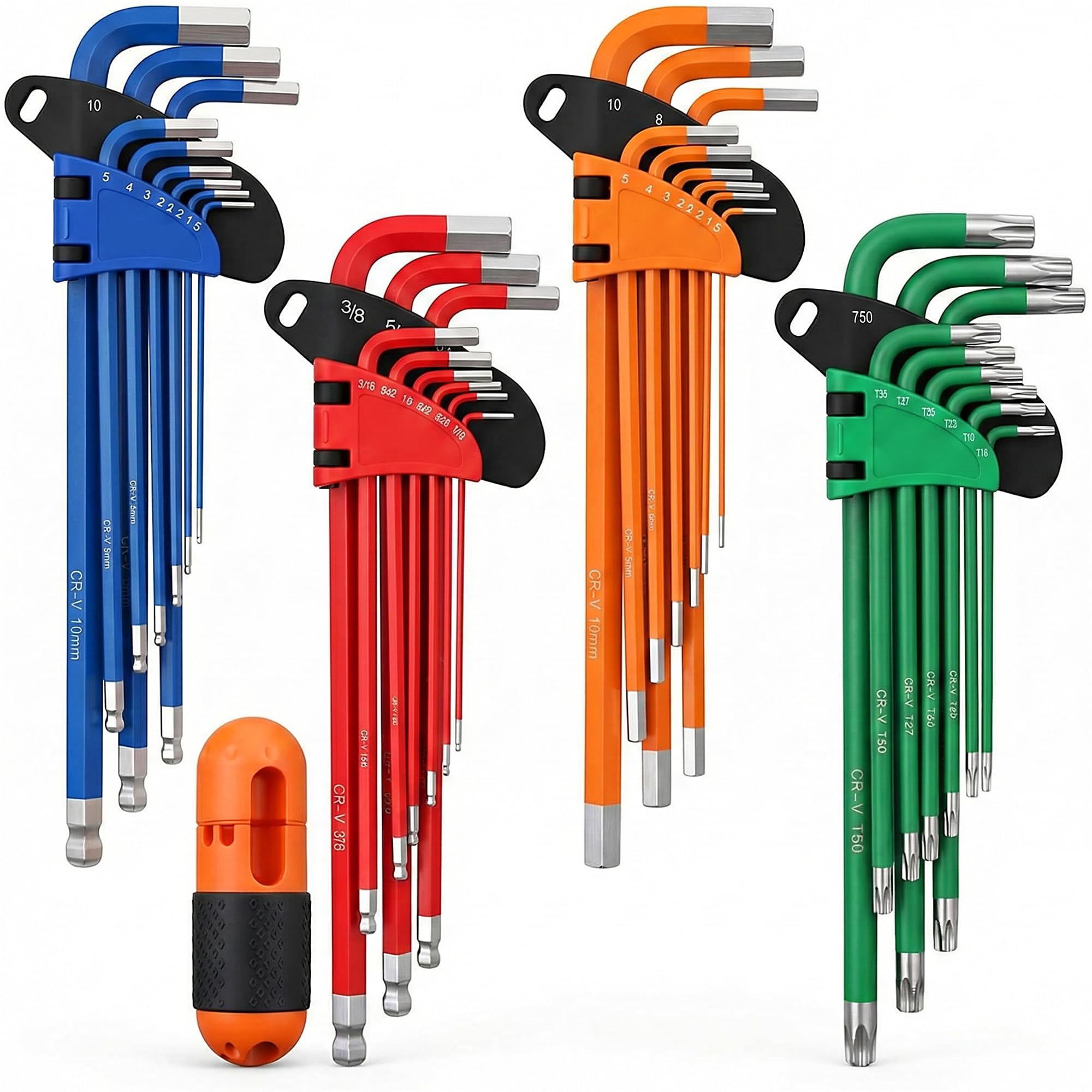 Anqtovp  37 Piece Hex Key Set Chrome Vanadium Steel Ball End SAE Metric Torx Star Long Arm Allen Wrenches Color Coded with Torque Handle