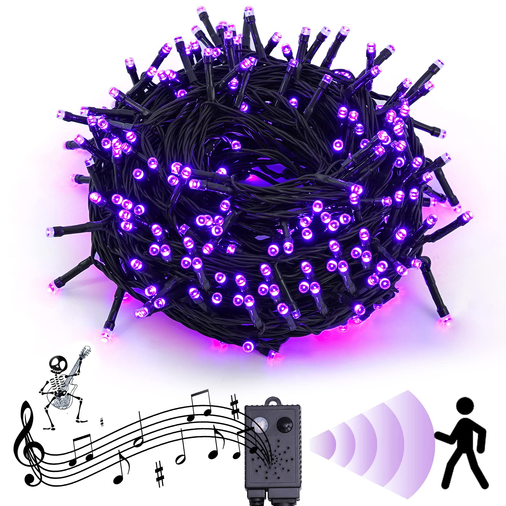 Oyezvary  Halloween Lights Outdoor 114.8 ft 300 LED Purple String Lights with Music Sync Spooky Sounds Waterproof for Yard Porch Haunted House
