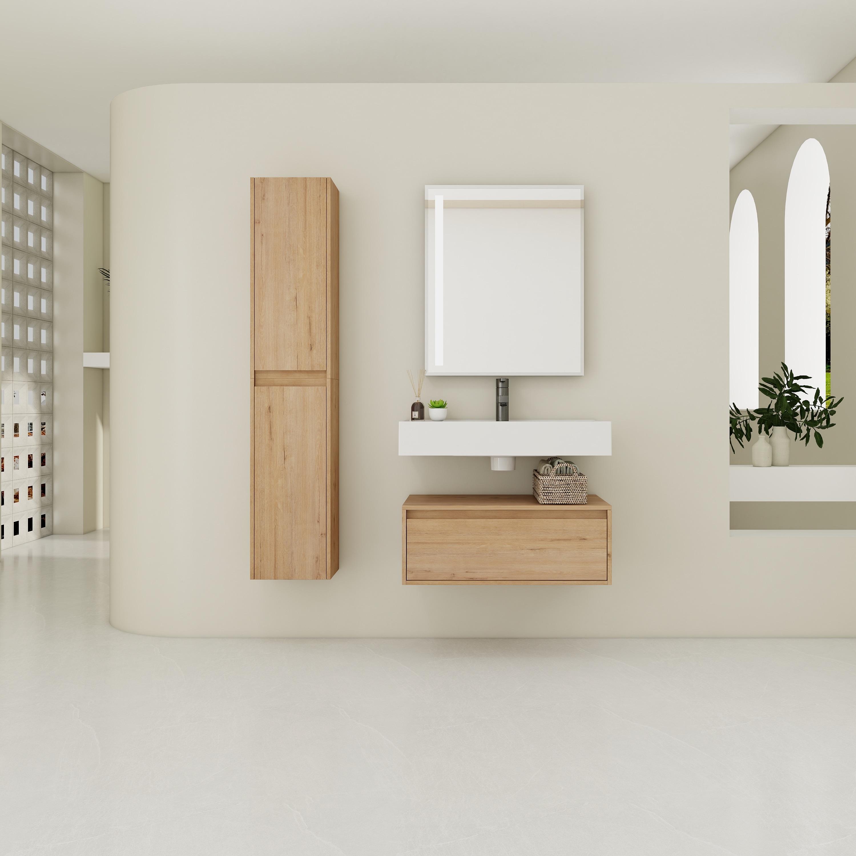 LOVMOR SF-J-W999S00268 30 inch Wall-Mounted Bathroom Vanity with Resin Sink and Side Cabinet Soft Close Drawer KD-Packing Combination Cabinet