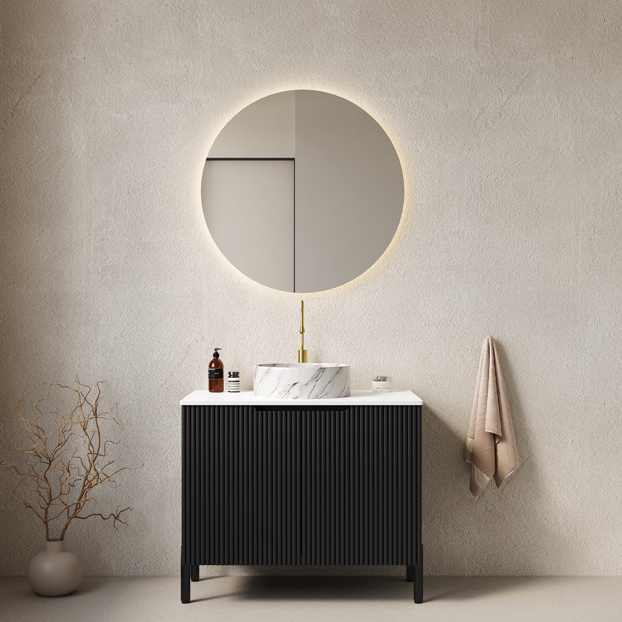 Etokfoks  30 inch freestanding bathroom vanity with white round ceramic basin stone pattern carrara white countertop 2 door storage cabinet black