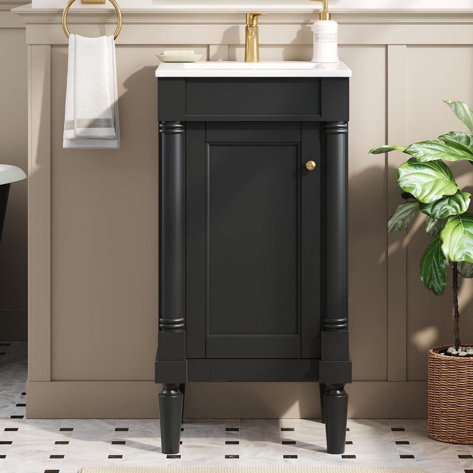 GlasFlength  18-Inch French Style Bathroom Cabinet with Ceramic Sink Adjustable Shelf and Soft-Closing Hinges Space Saving Storage Solution for Bathroom Powder Room White