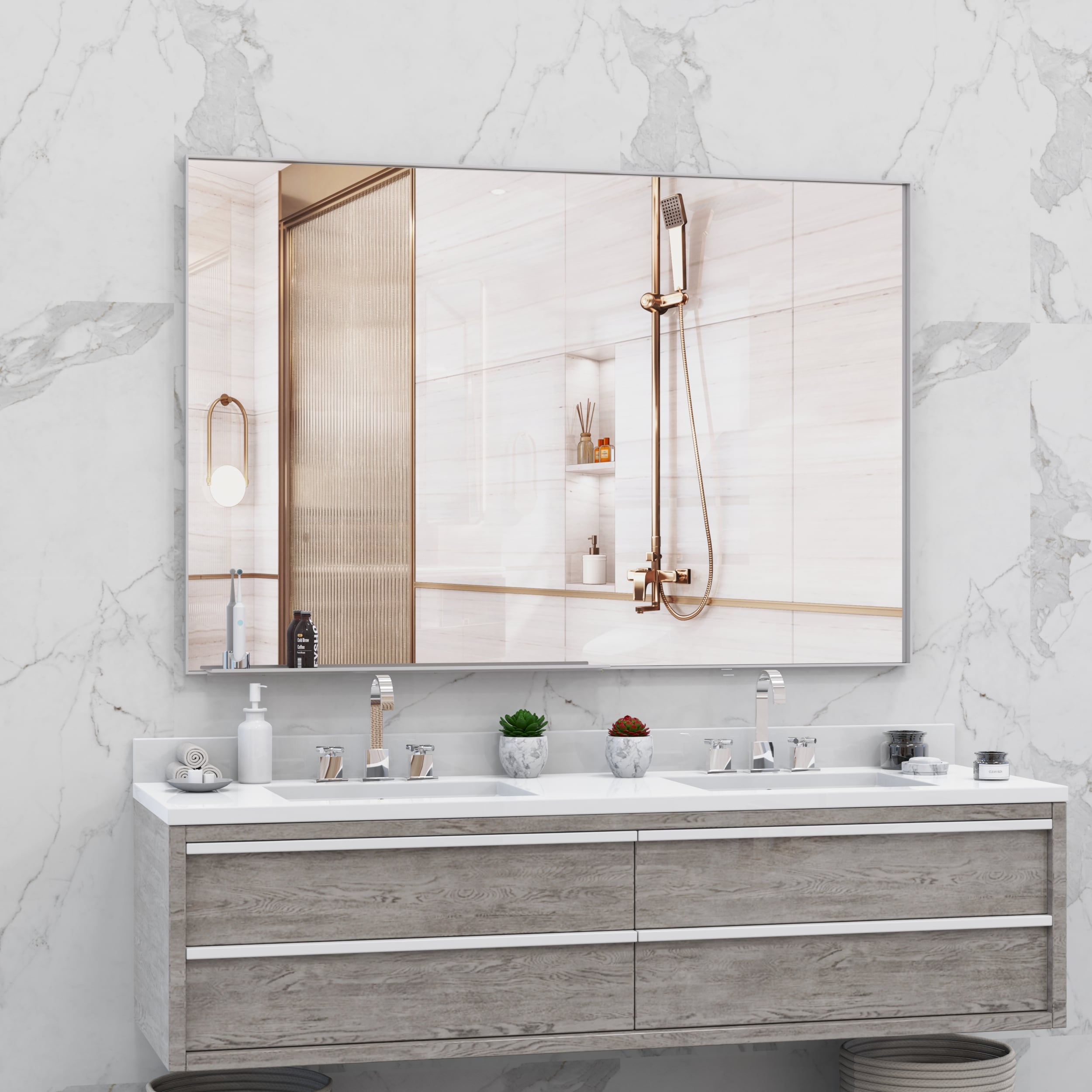 Poinic CUMR-P297600 Bathroom Mirror with Removable Tray 60-in W x 40-in H Rectangle Silver Framed Vanity Mirror