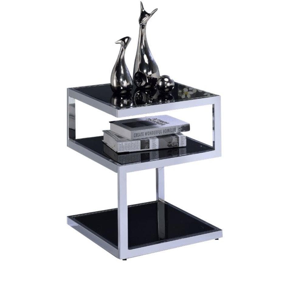 Alysa 16'' Black Glass & Stainless Steel 3-Tier End Table