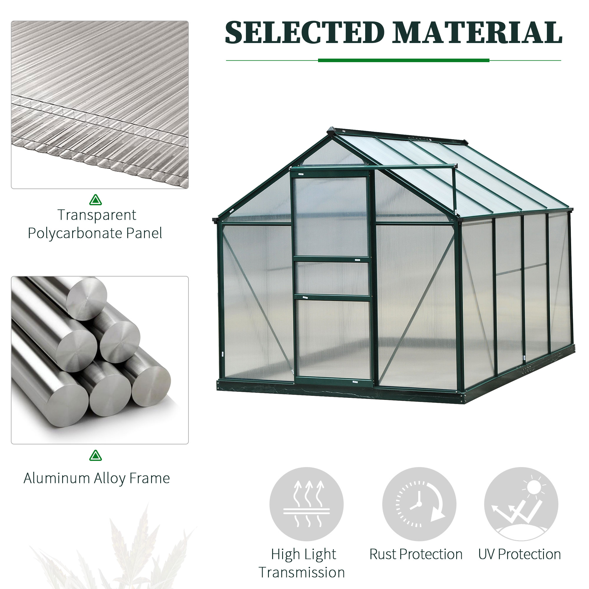 Dark Green Polycarbonate Walk-In Greenhouse with Aluminum Frame