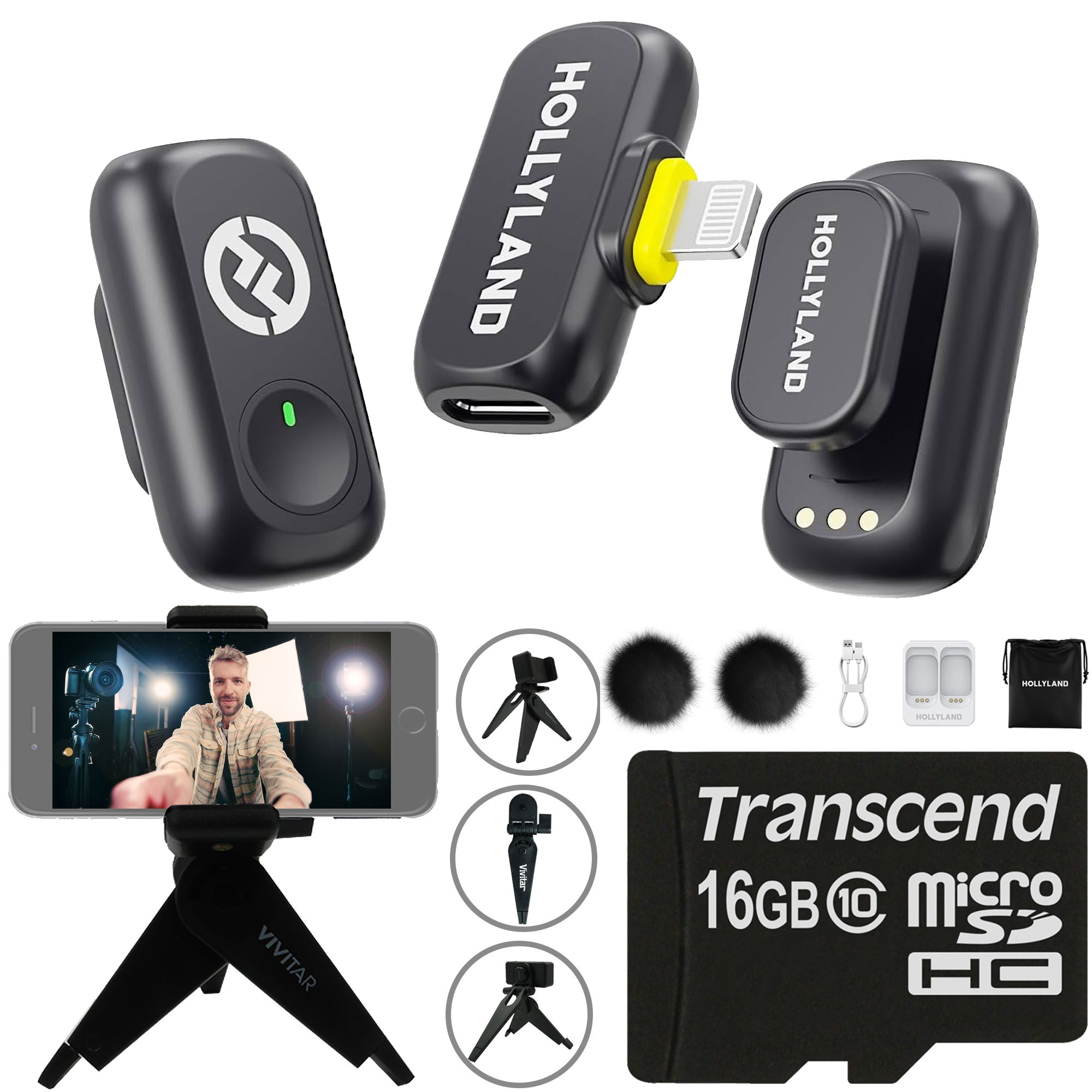 Hollyland  LARK A1 Mini Duo 2 Person Wireless Microphone System Space Gray with Lightning Connector 16GB Card and Selfie Tripod