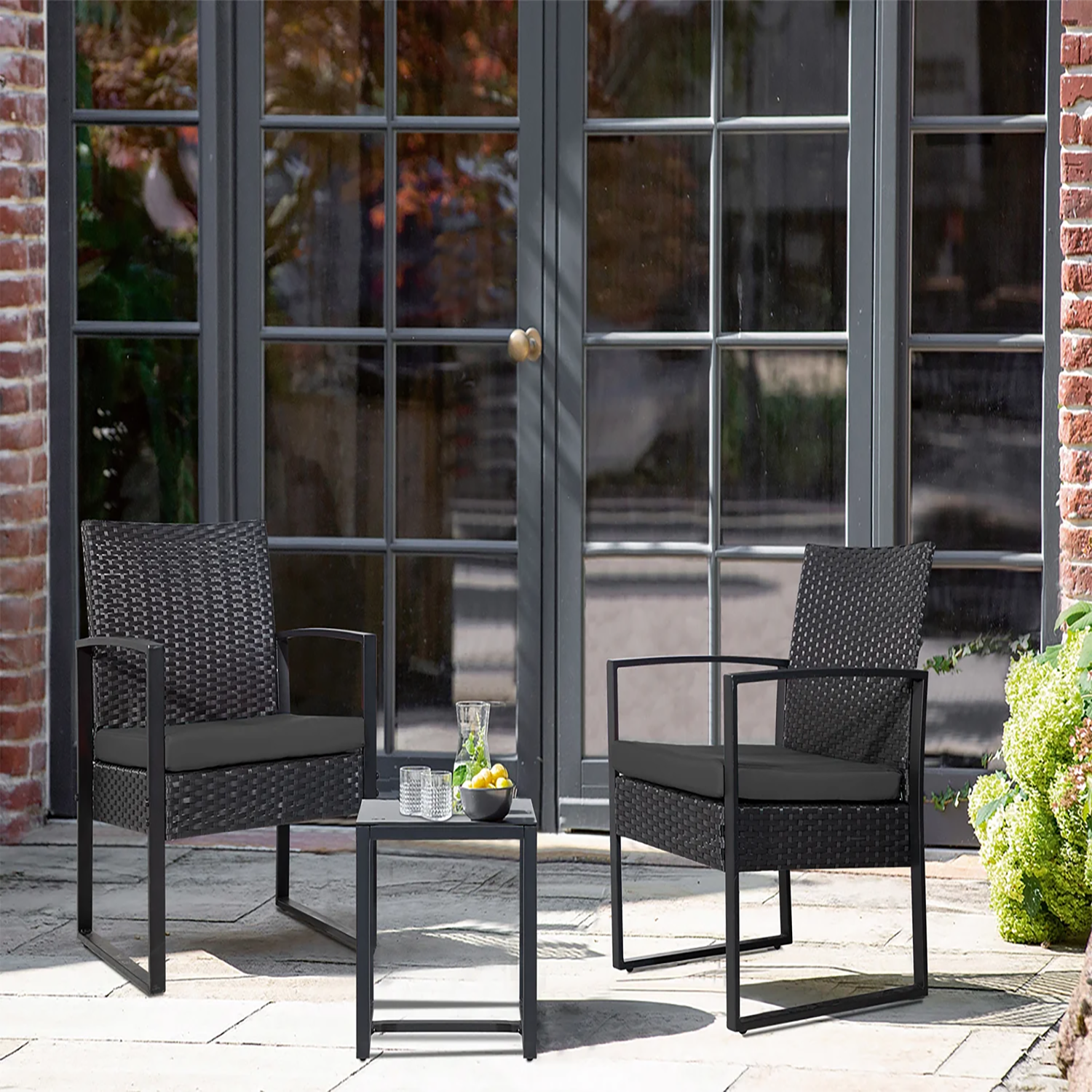 Vineego 3 Piece Wicker Patio Conversation Set with Black Cushions