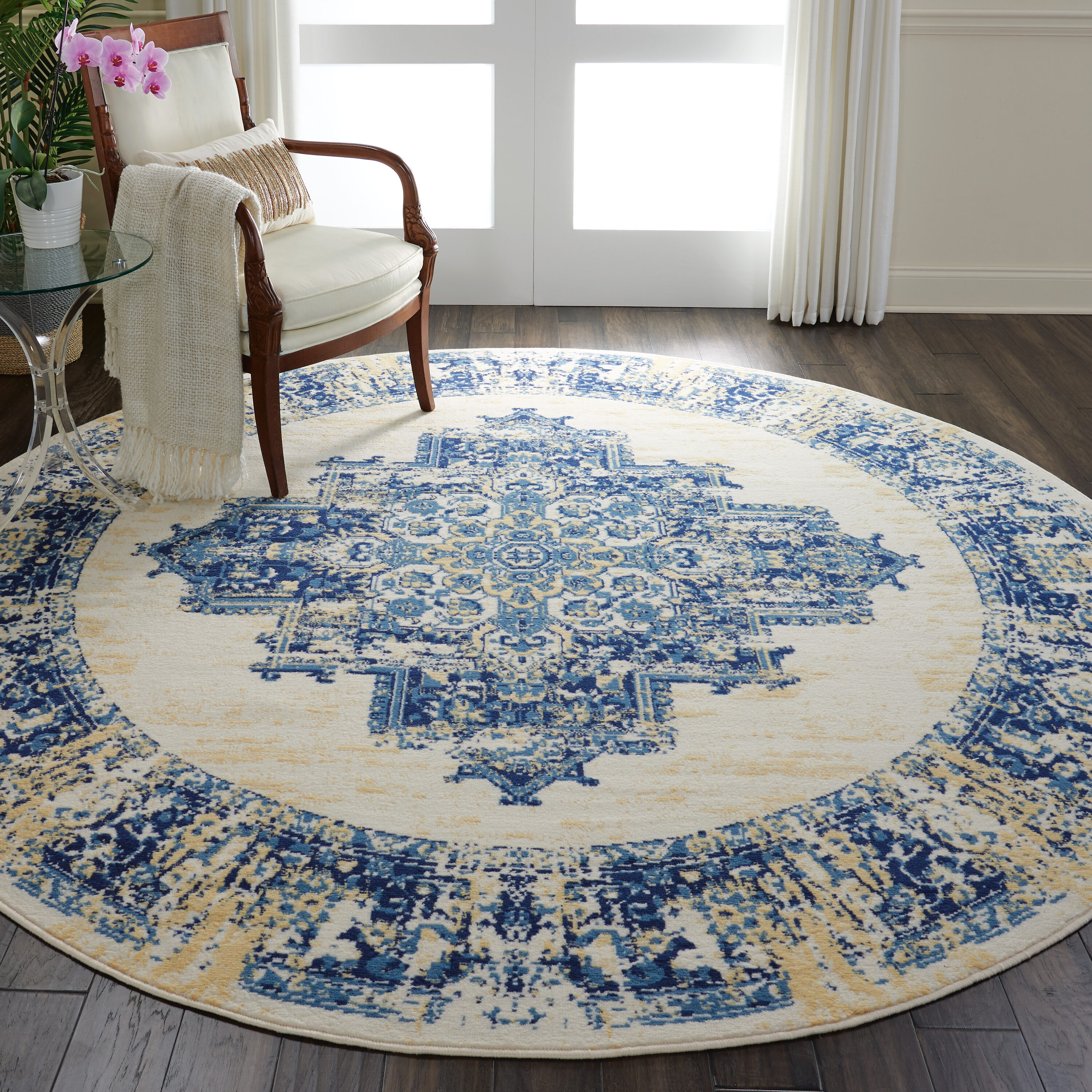 Nourison 99446459022 Grafix 8 x 8 (ft) Loomed Polypropylene White Round Indoor Medallion Bohemian/Eclectic Area rug