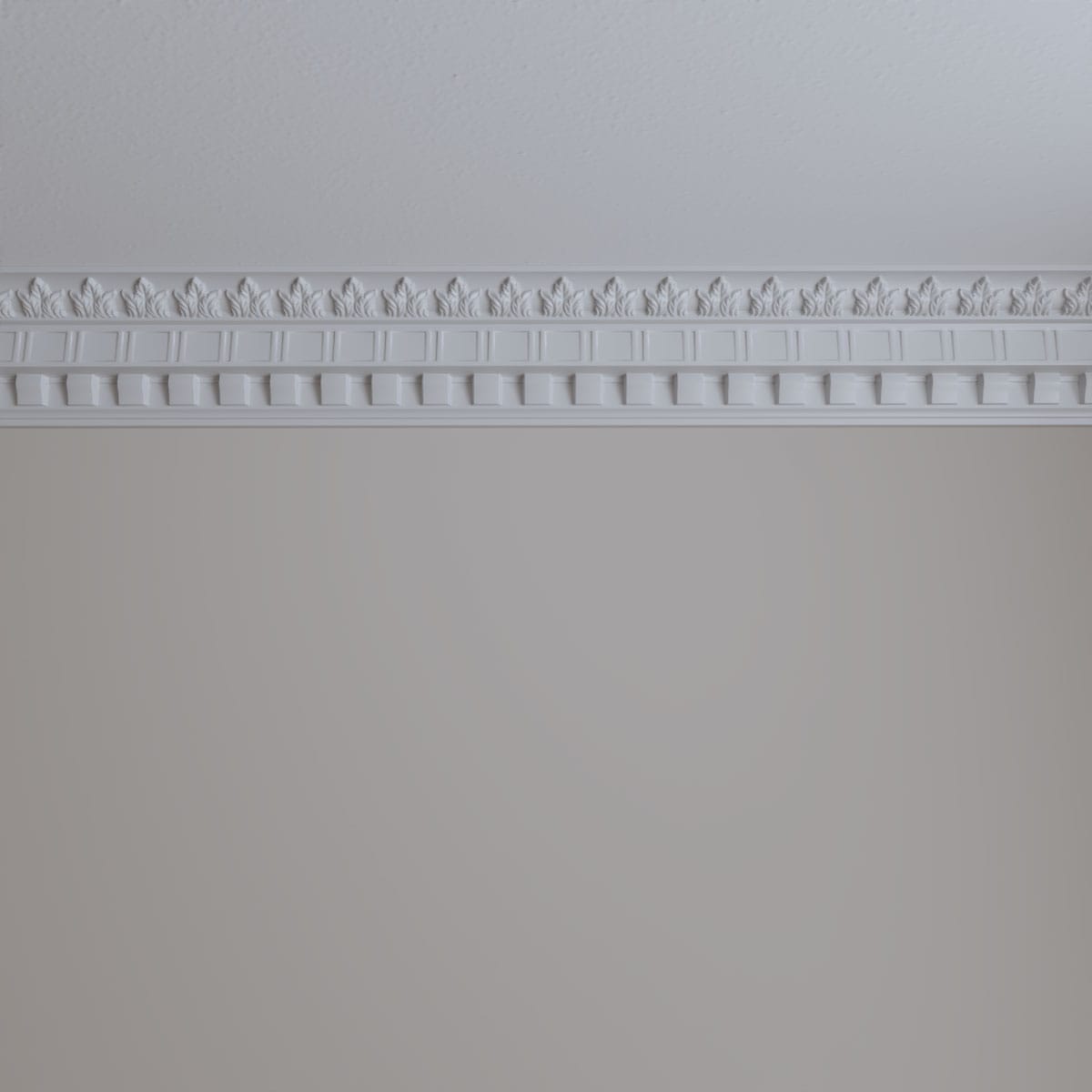 5"H x 3 7/8"P x 6 3/8"F x 94 1/2"L, (2" Repeat), Dentil and Leaf Crown Moulding