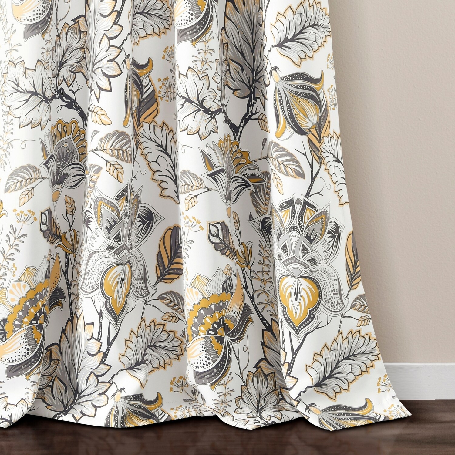 Cynthia Jacobean Yellow and Gray Floral Polyester Blackout Curtains