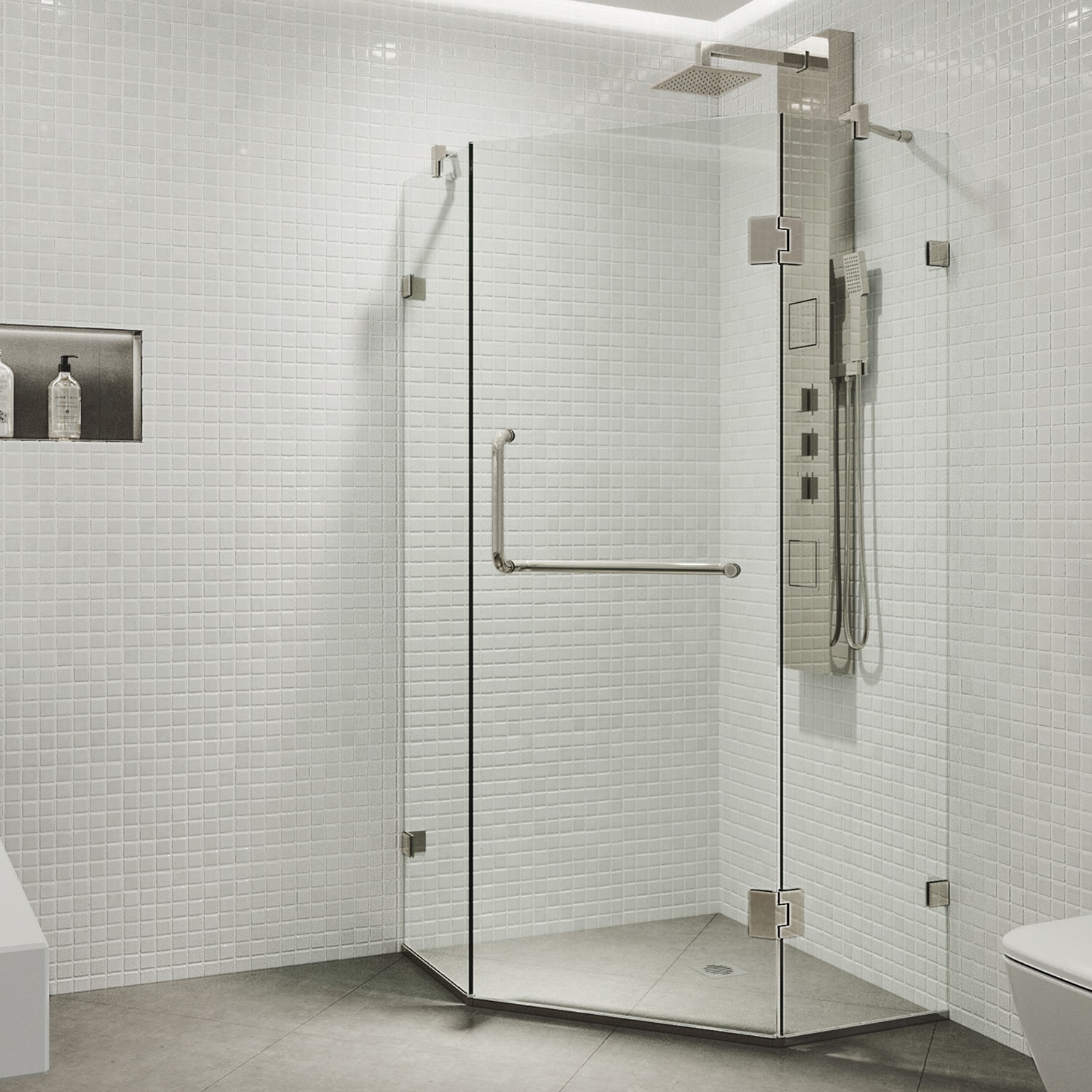 VIGO VG6062BNCL36 Piedmont Brushed Nickel 34-in W x 73-in H Frameless Corner Neo Angle Hinged Shower Door 3/8-in Thick Clear Glass
