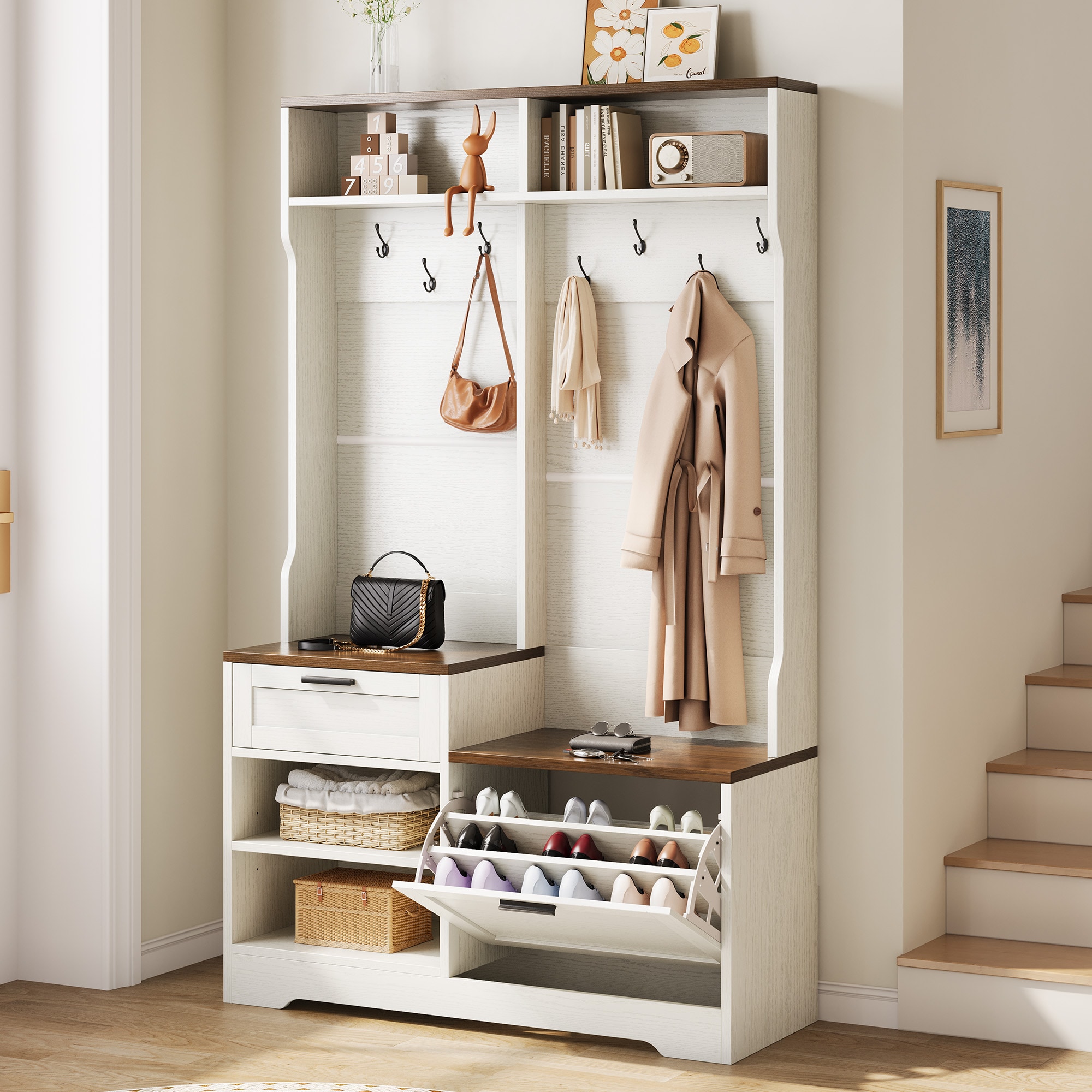 Blisstyle Hall Tree With Bench And Shoe Storage 6-in-1 Entryway Organizer 43.3 Inch x 15.75 Inch x 70.87 Inch MDF Wood Embossed White Walnut Wood Grain Finish Entryway Shoe Storage Organizer Bench Shoe Shelf Shoe Rack