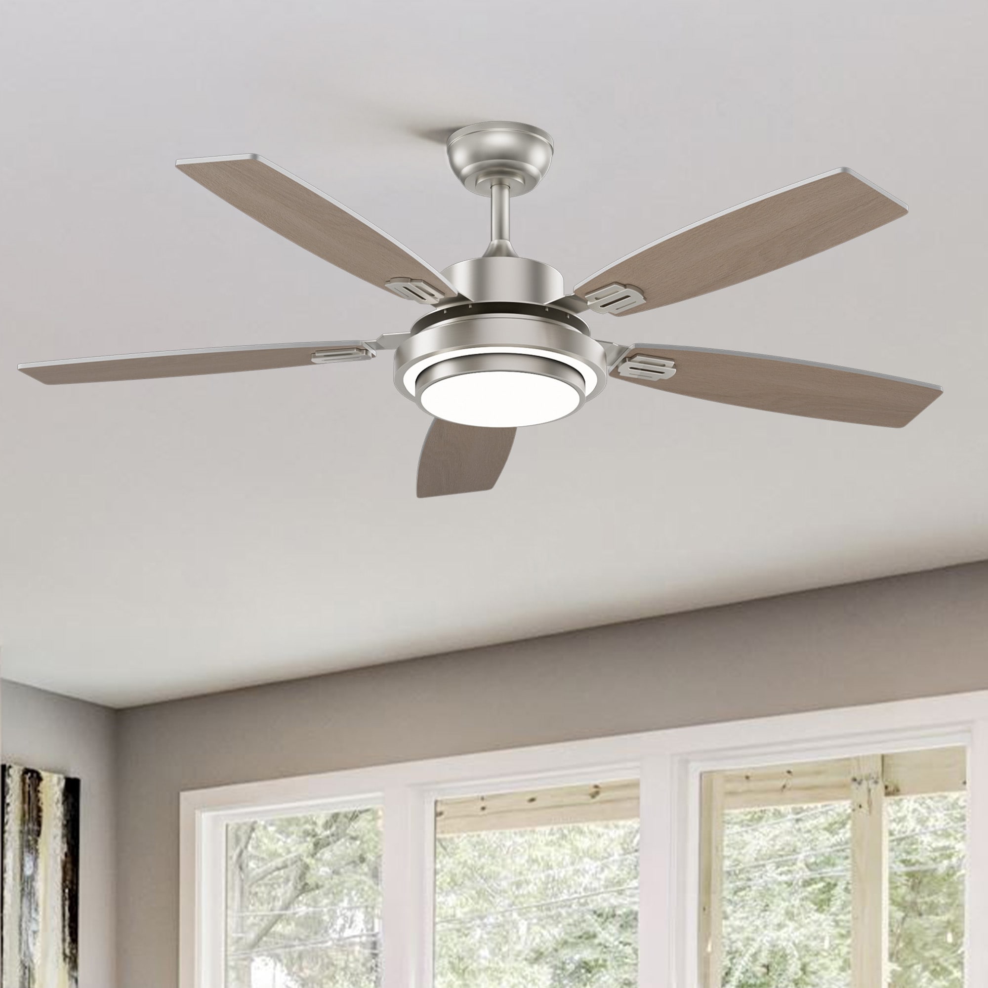 SILJOY LL-8838D-52-03 52-in Nickel Ceiling Fan with Nickel or Oak Color Blades Ceiling Fan With Light-Remote Included