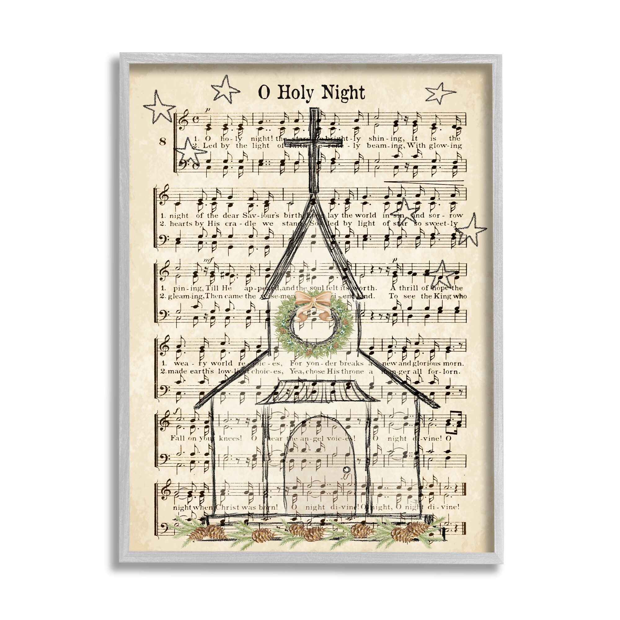 Stupell Industries Festive Winter Church Holy Night Musical Script Andi Metz Gray Wood Framed 30-in H x 24-in W Abstract Print on Canvas in Brown/Tan -  AF-372-GFF-24X30