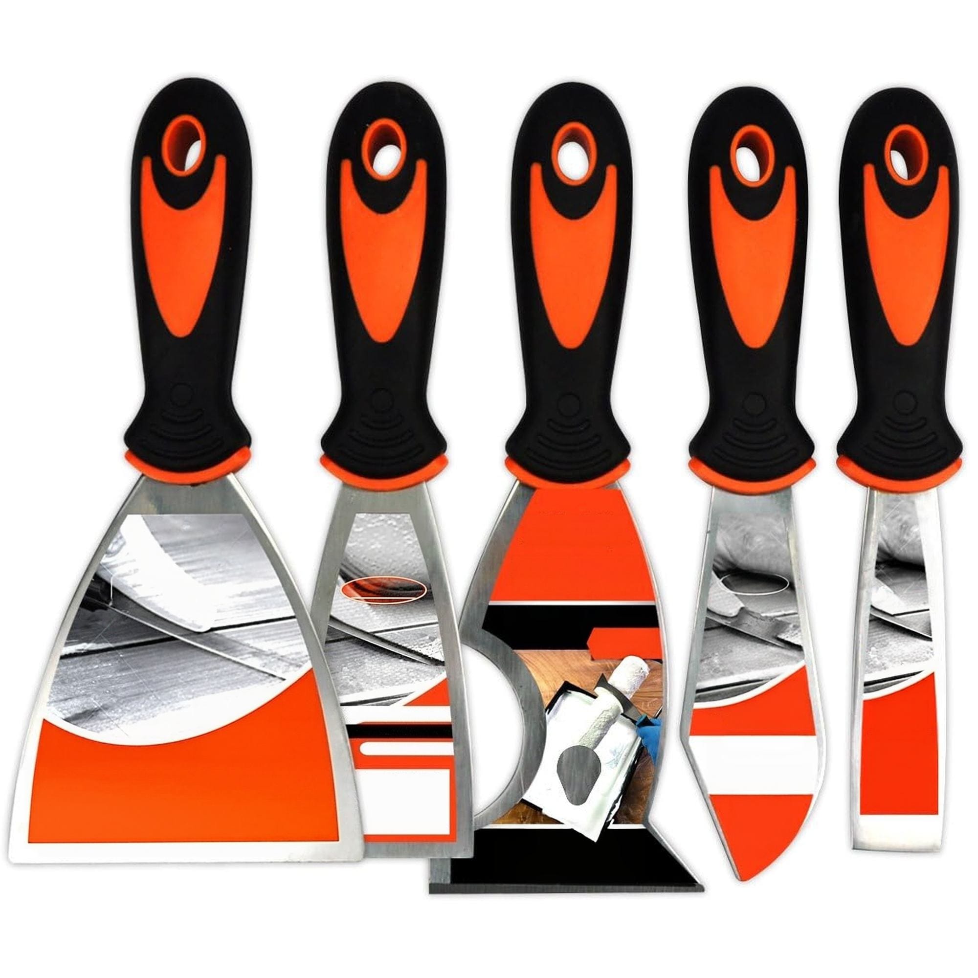 Angel Sar 5 Piece Stainless Steel Putty Knife Set with 1 1.5 2 3 4 Inch Blades for Drywall Repair Wallpaper Removal Paint Putty Plaster Application