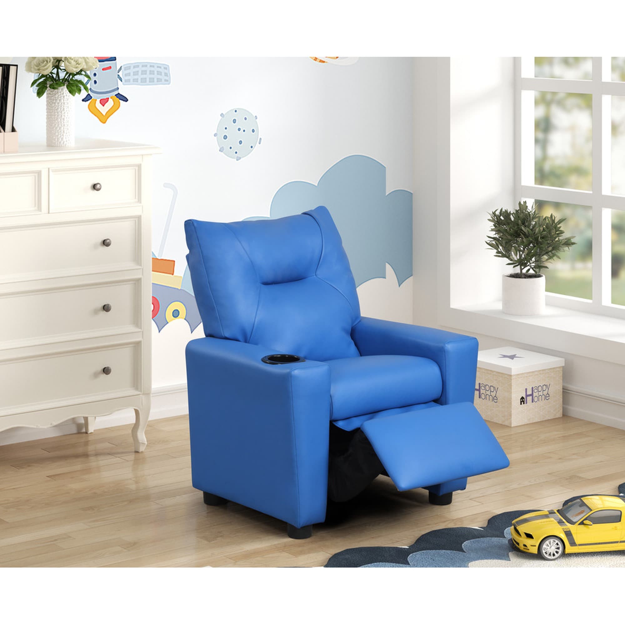 HyperDrop Cart - 23-in W Blue PU Leather Kids Recliner Chair with Built-in Cup Holder