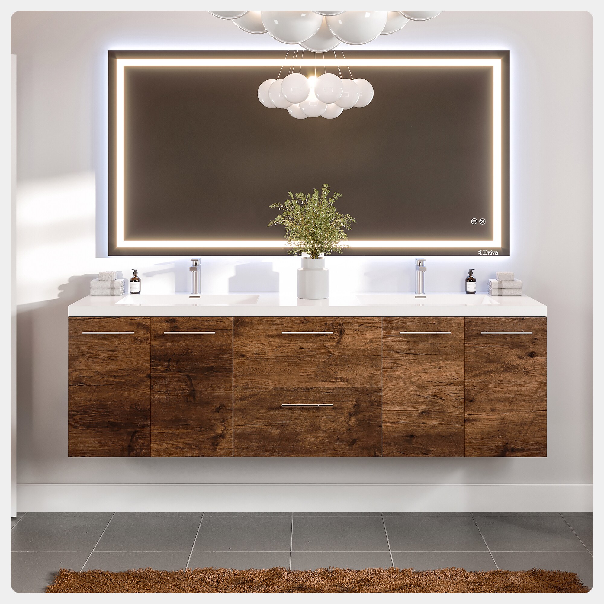 Eviva EVVN404-72RSWD Axis 72-in Rosewood Double Sink Floating Bathroom Vanity with White Acrylic Top