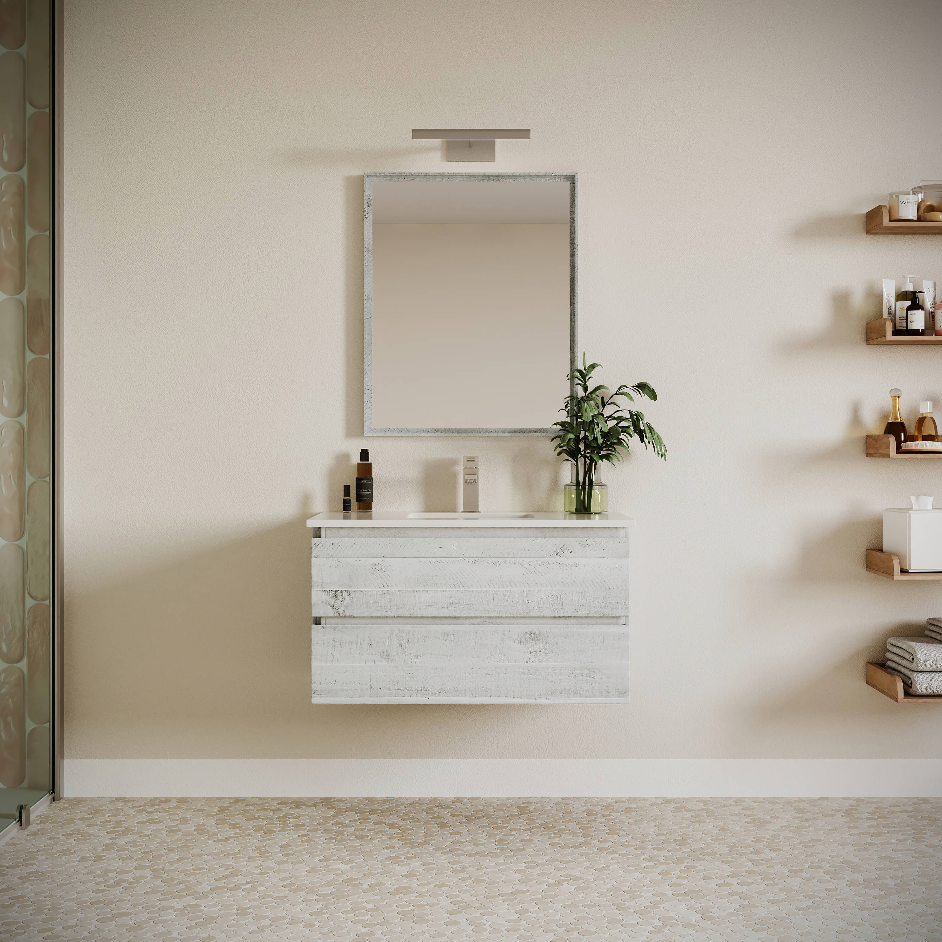 Fresca FVN3136RWH Formosa 36-in Rustic White Undermount Single sink Floating Bathroom Vanity with White Quartz Top (Mirror Included)