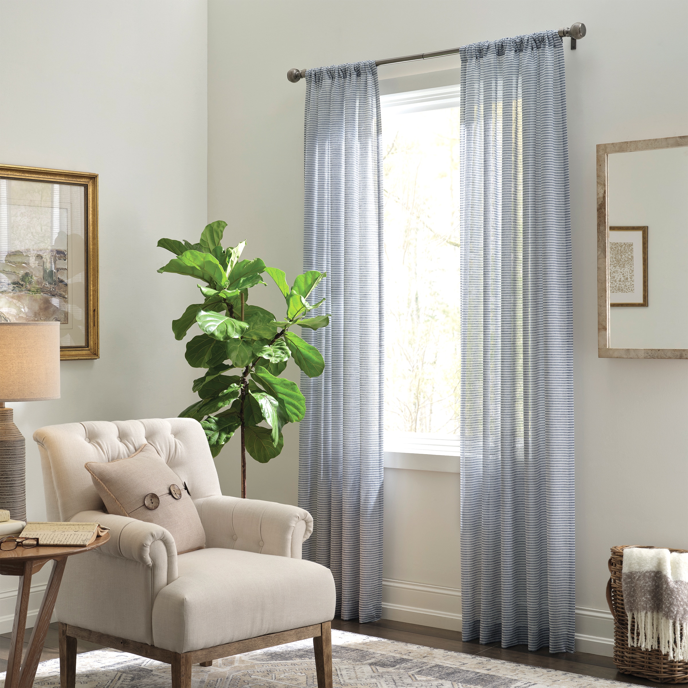 allen + roth 4140889 95-Inches Navy Striped Light filtering Rod pocket Single curtain panel