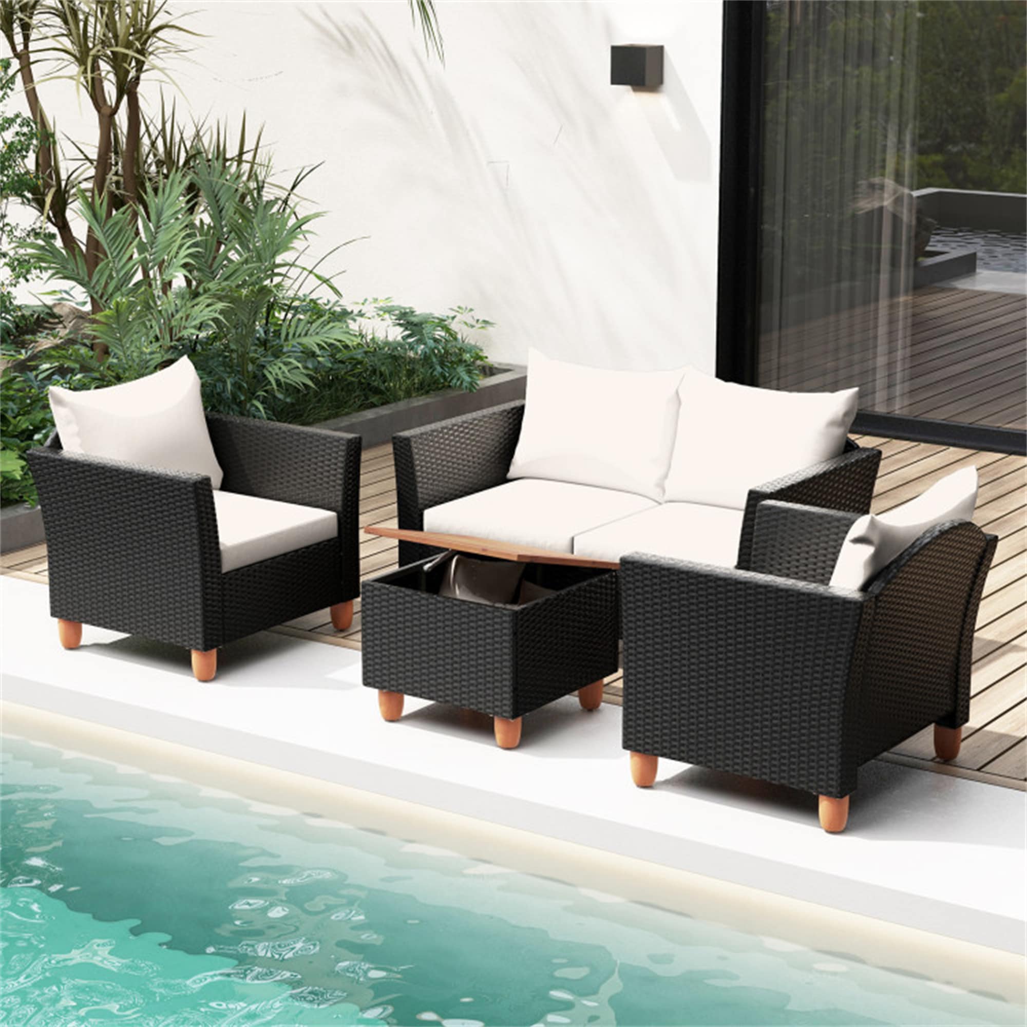 BABOOM BOM-WF31787-OR Outdoor Conversation Set Black Rattan Conversation Wicker 2 White Cushions Stationary Chairs