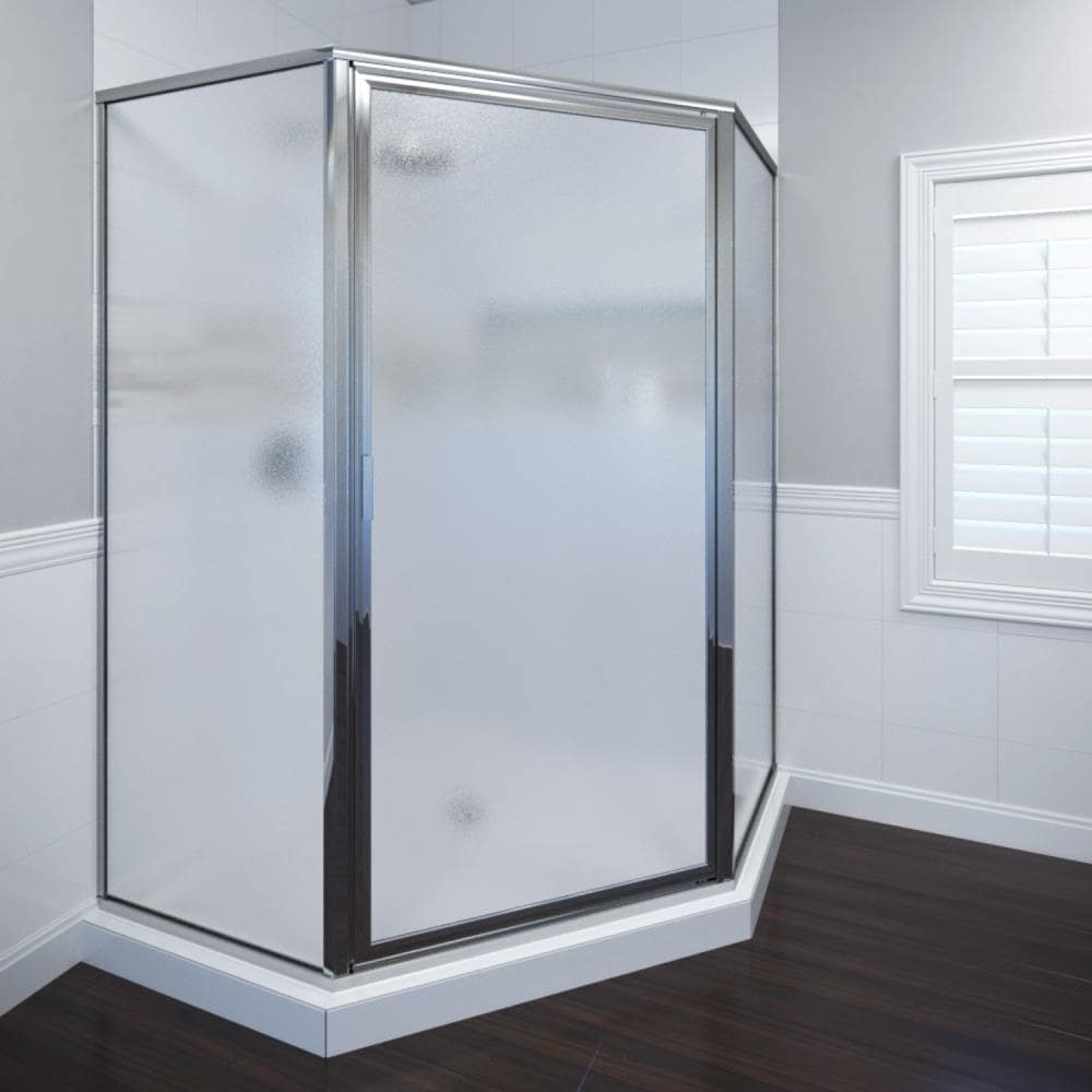 Basco DLXH60A1868OBSV Deluxe Chrome 23-3/8-in W x 68.625-Inches H Framed Neo Angle Hinged Shower door 3/16-in Thick Frosted/Patterned Glass