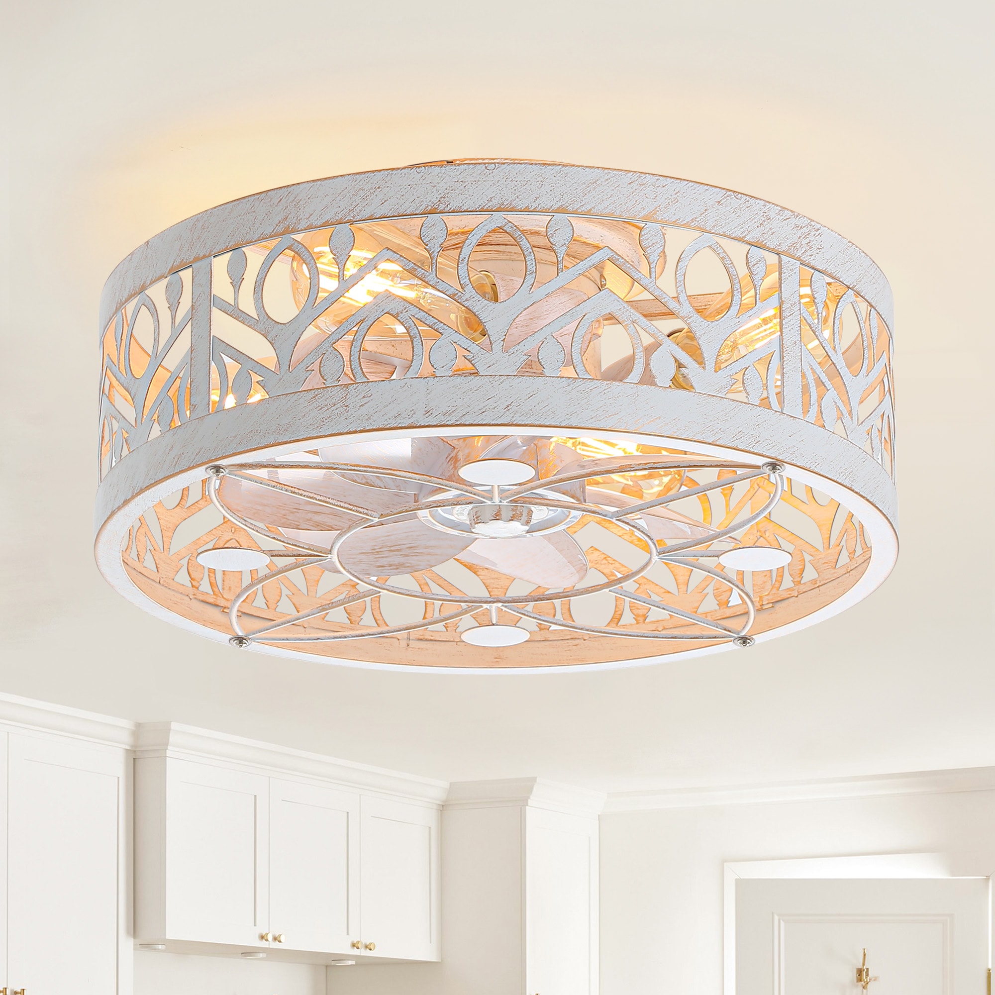 Breezary 35014-WG Enclosed/Low Profile 17-in Flush Mount Vintage White and Gold with Flat White Blades Fandelier Ceiling Fan With Light 7 -Blade )