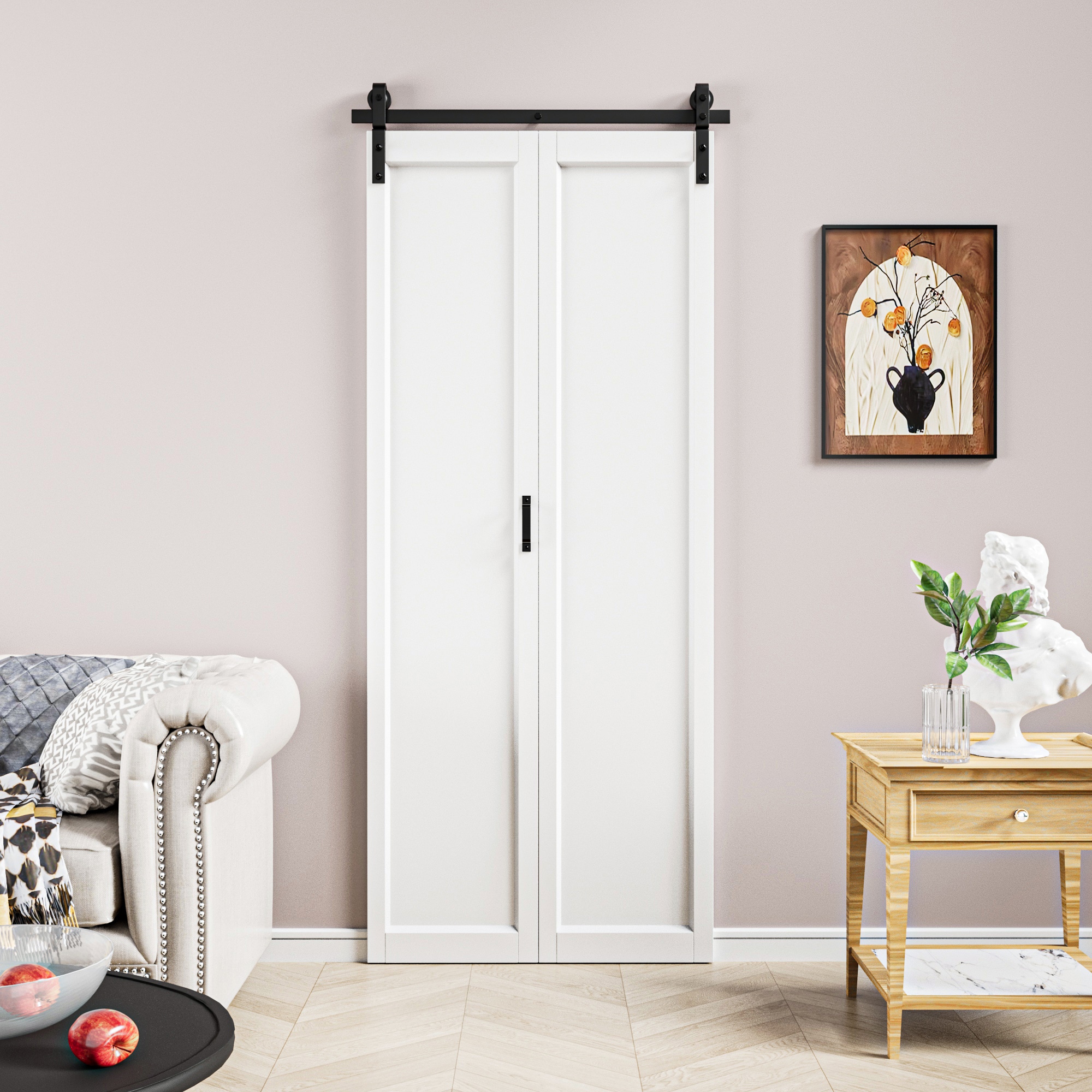 RELIABILT BIBARNDOOR07-36 36-in x 84-in white Plank Wood Solid core Single bifold Barn Door (Hardware Included)