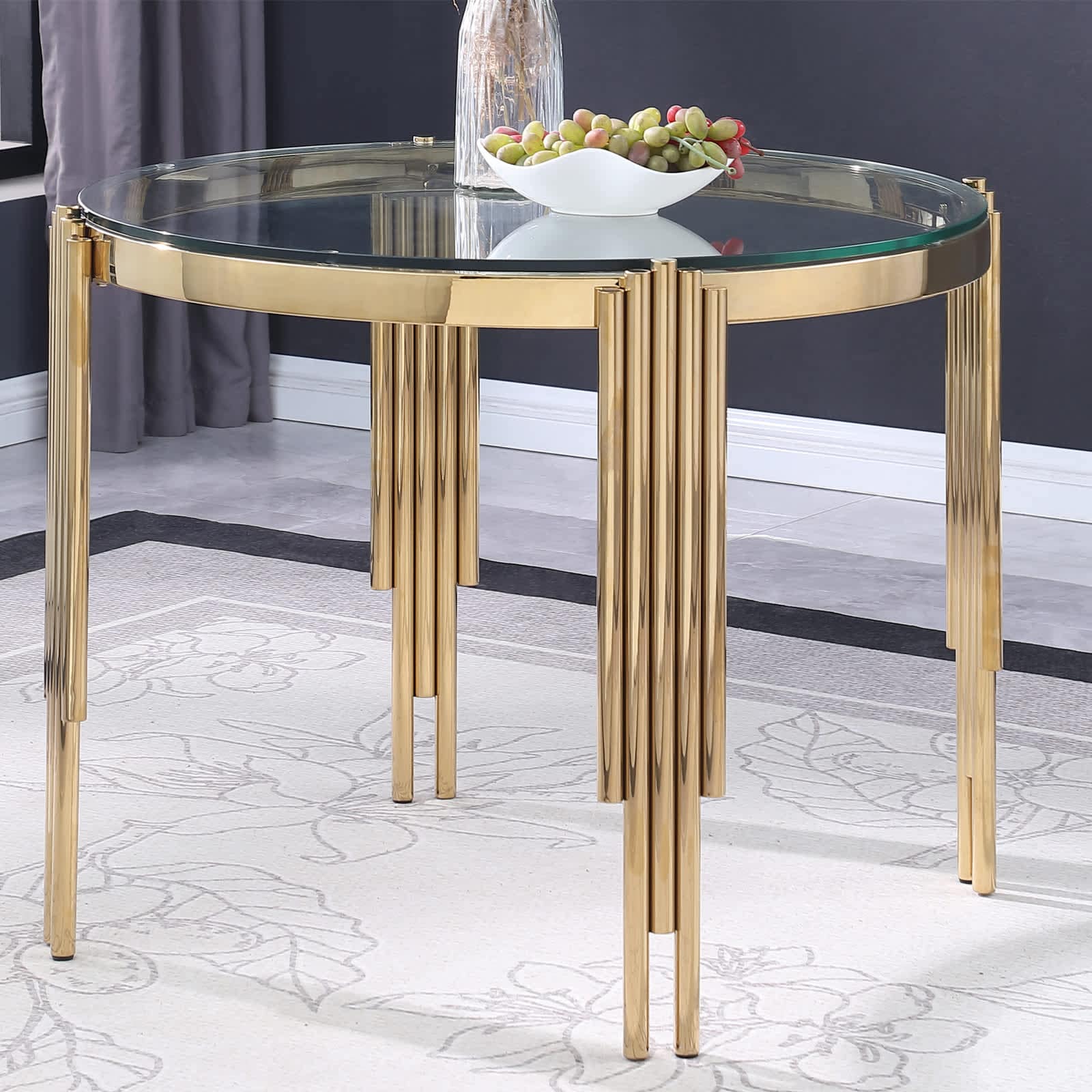 Vynxaria LESX0734-DJCZ-DT006 Round Glass Dining Table  Tempered Glass Tabletop Polished Gold Legs  Modern Style for Home  Kitchen  Dining Room