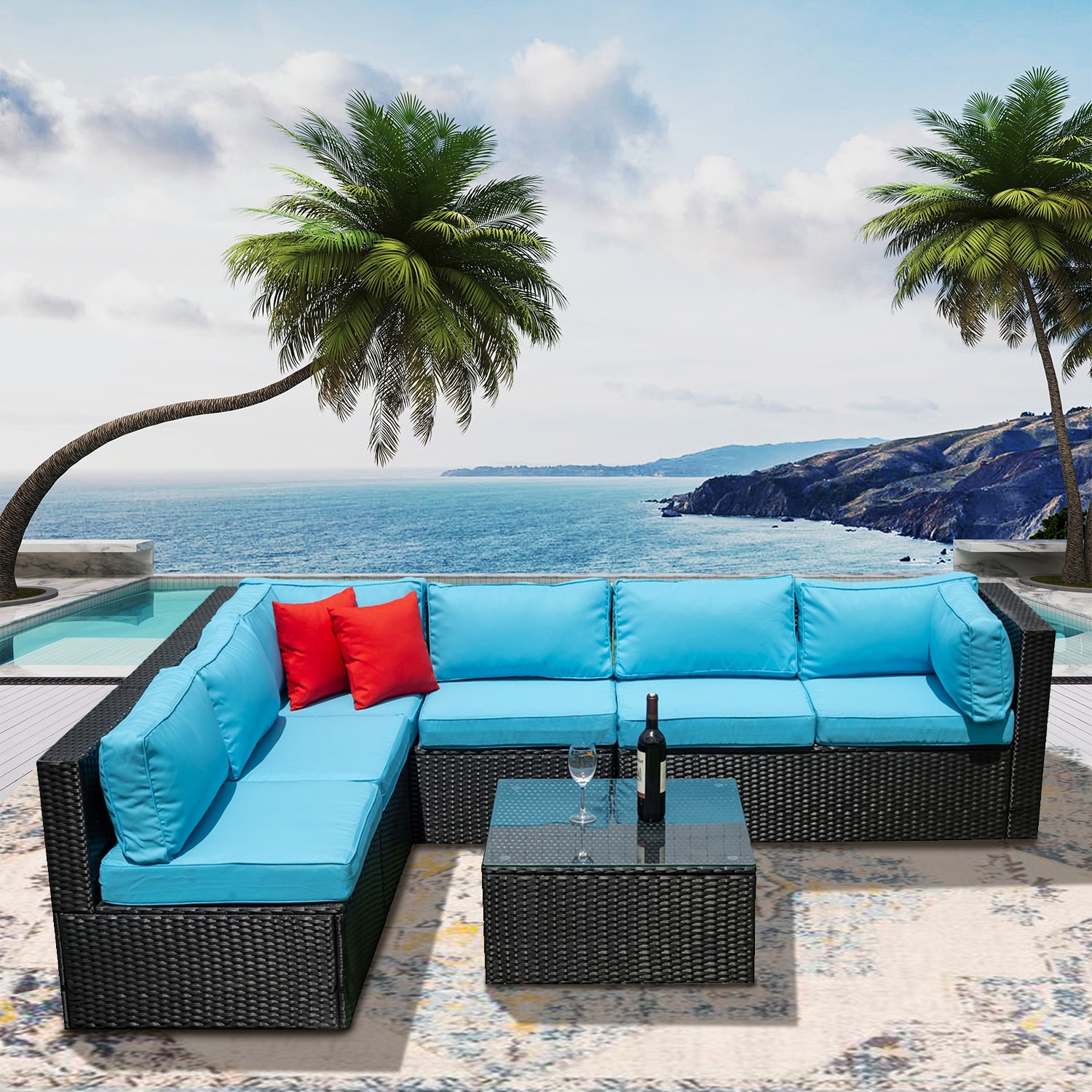 Forclover HYFAS05WH 5 -Piece Patio Conversation Set with Blue Cushions