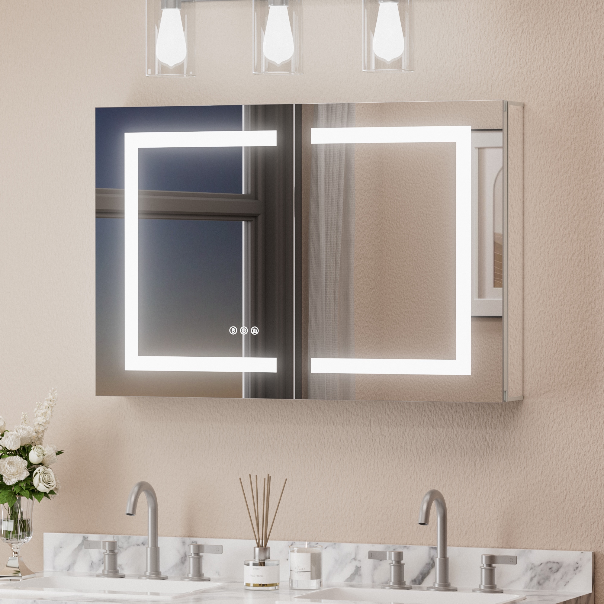 Keonjinn LW-JG-ZG-9161 36-in x 24-in Lighted LED Fog Free Surface/Recessed Mount Silver Mirrored Rectangle Soft Close Medicine Cabinet with Outlet