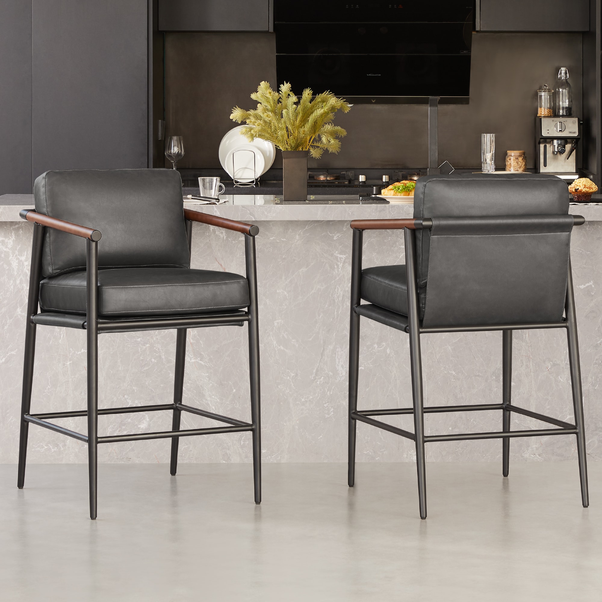 Circle 55 LWSBS72019-PU6016 2 -Set Gray/Faux Leather 27.2-in H Counter height Square seat Upholstered Wood Bar Stool with Arms and Back