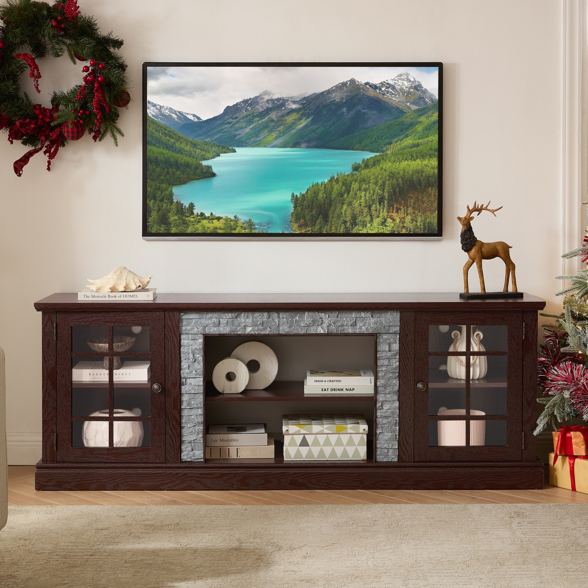 Vorene 70-in TV Stand Faux Stone Media Console Cherry