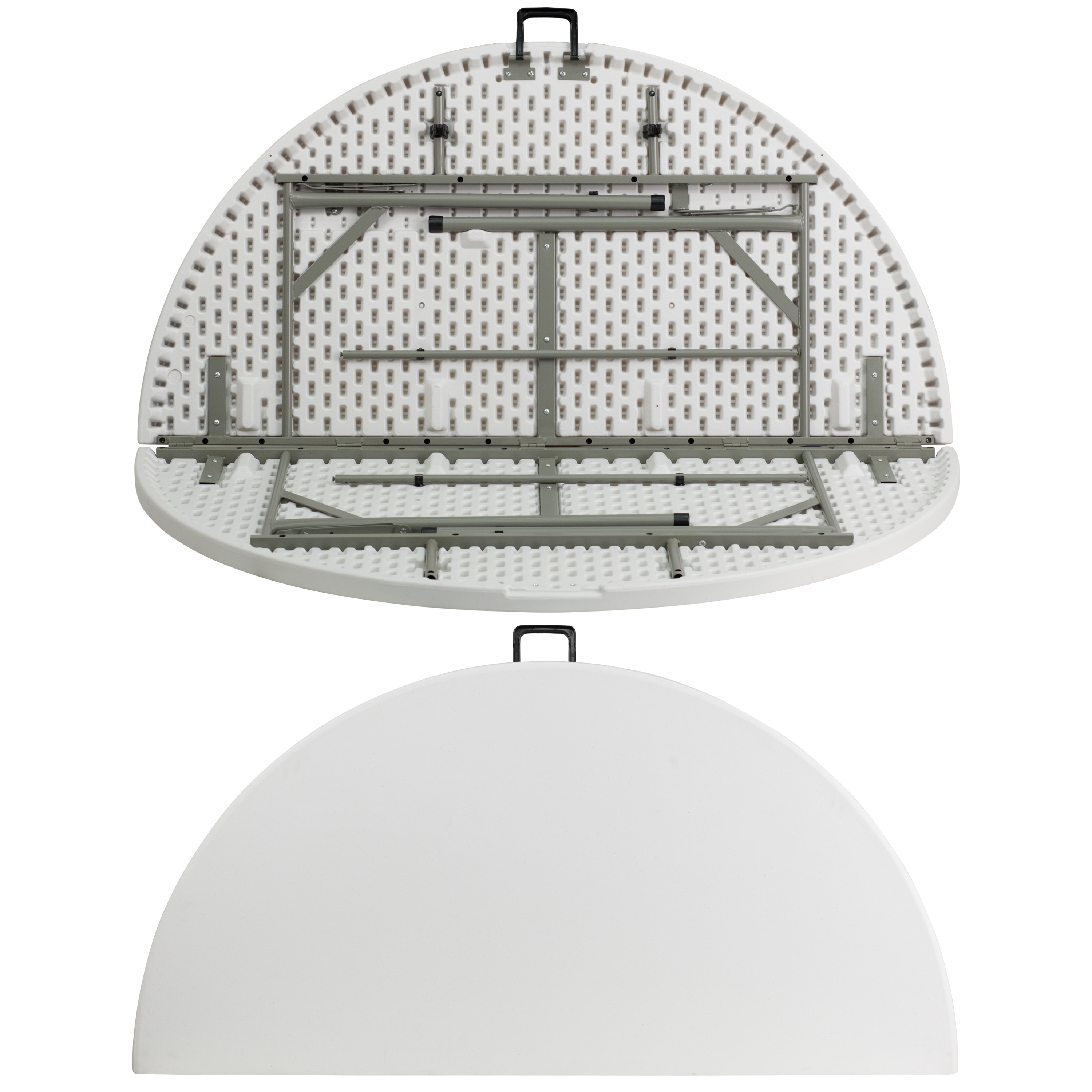 Granite White 60'' Round Bi-Fold Table with Metal Frame and Handle