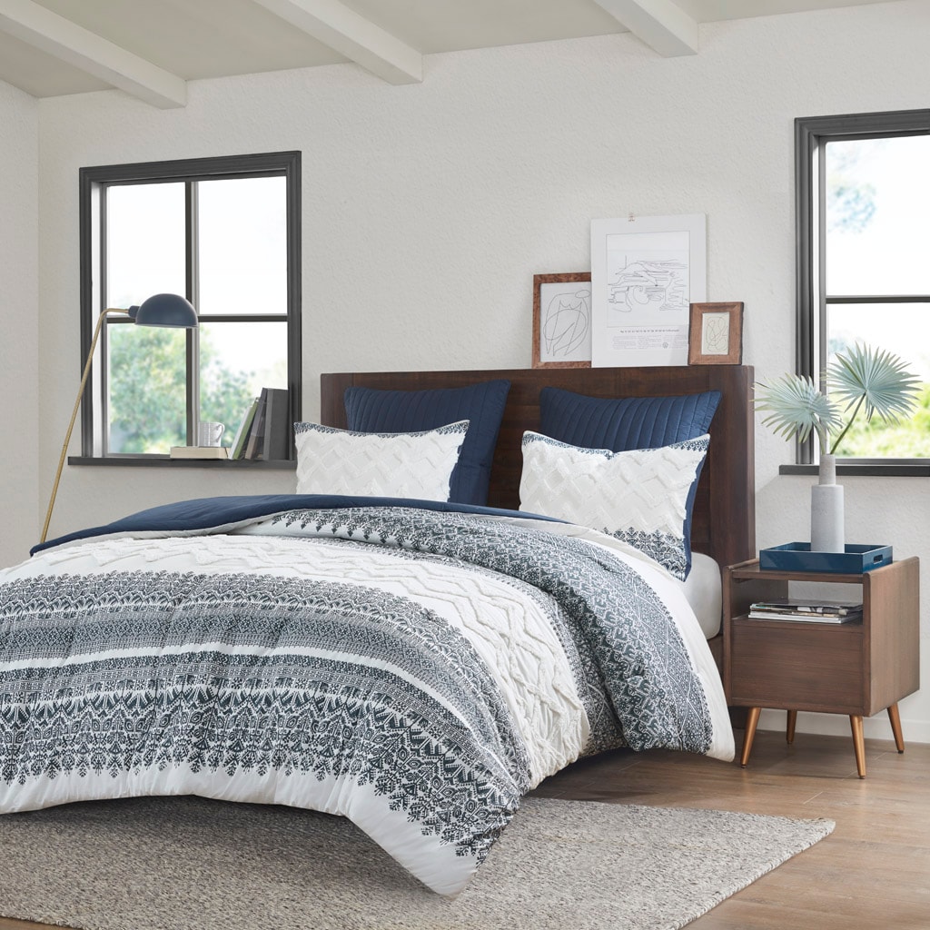 FAVSH 3 Piece Cotton Comforter Set with Chenille Tufting Navy King or Cal King