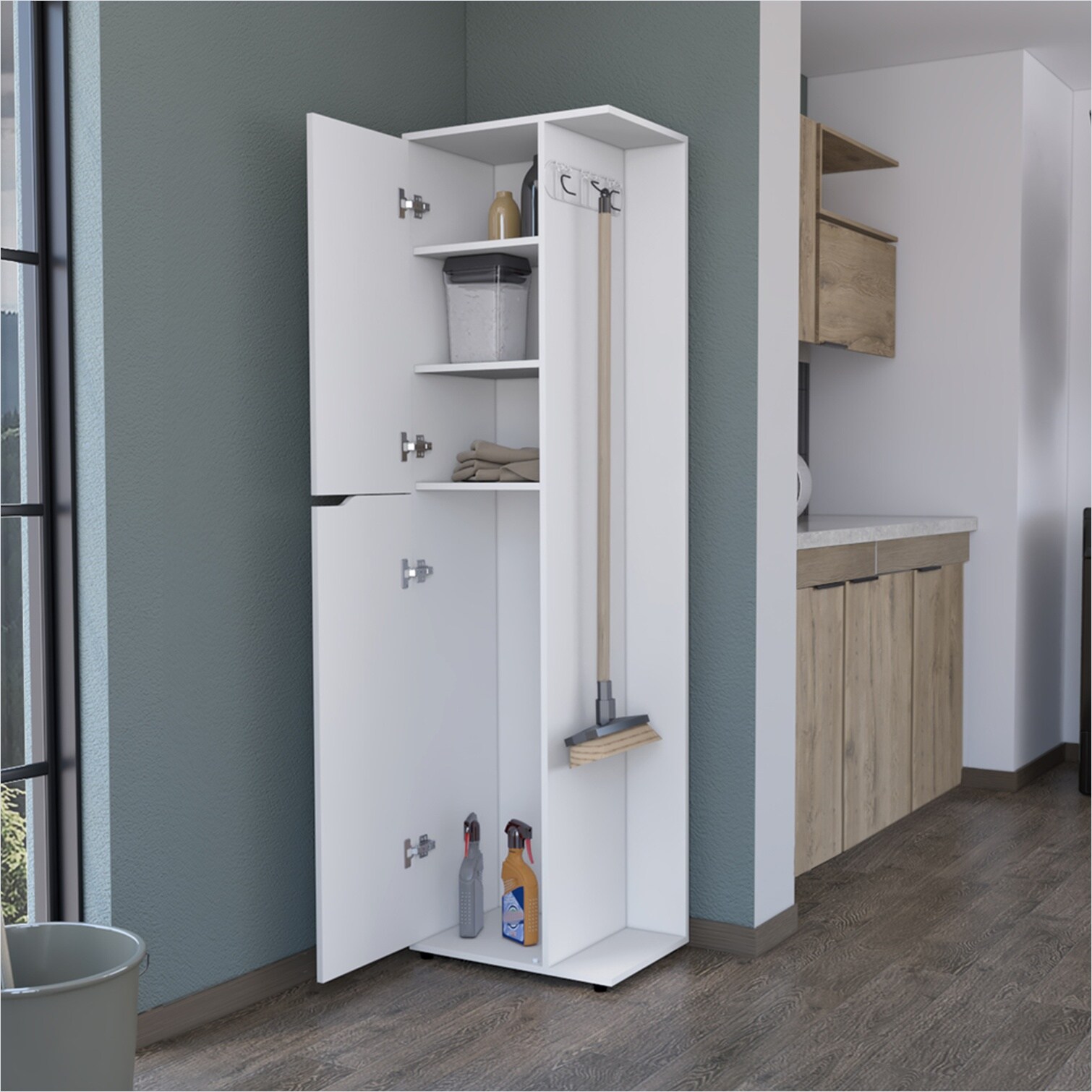 SunJet Tall Broom Storage Closet with White Finish and Engineered Wood ...
