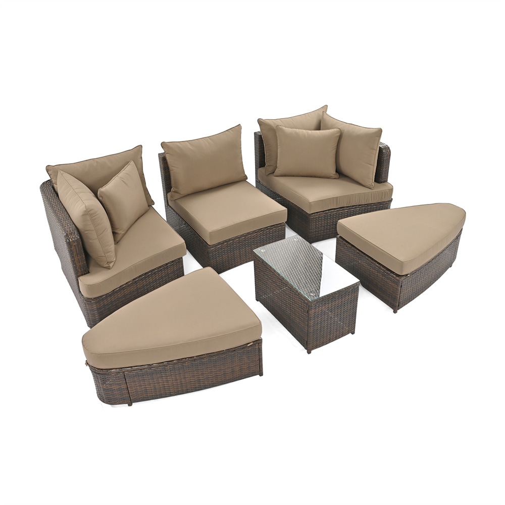 BABOOM 6-Piece Rattan Patio Conversation Set With Brown Cushions In The ...