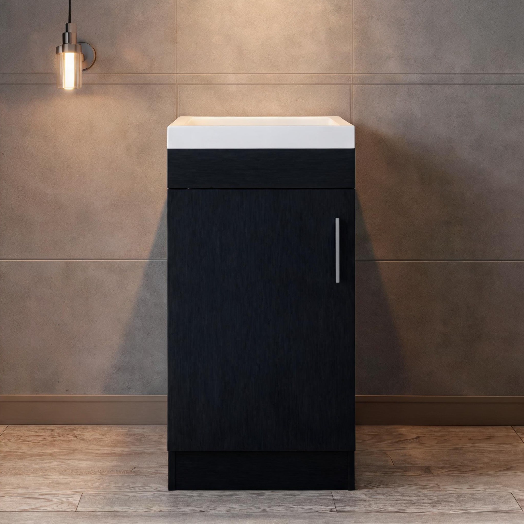 SunJet - Deep Black Particle Board Bathroom Vanity Sink with Single Door Cabinet Compact 12.99L x...
