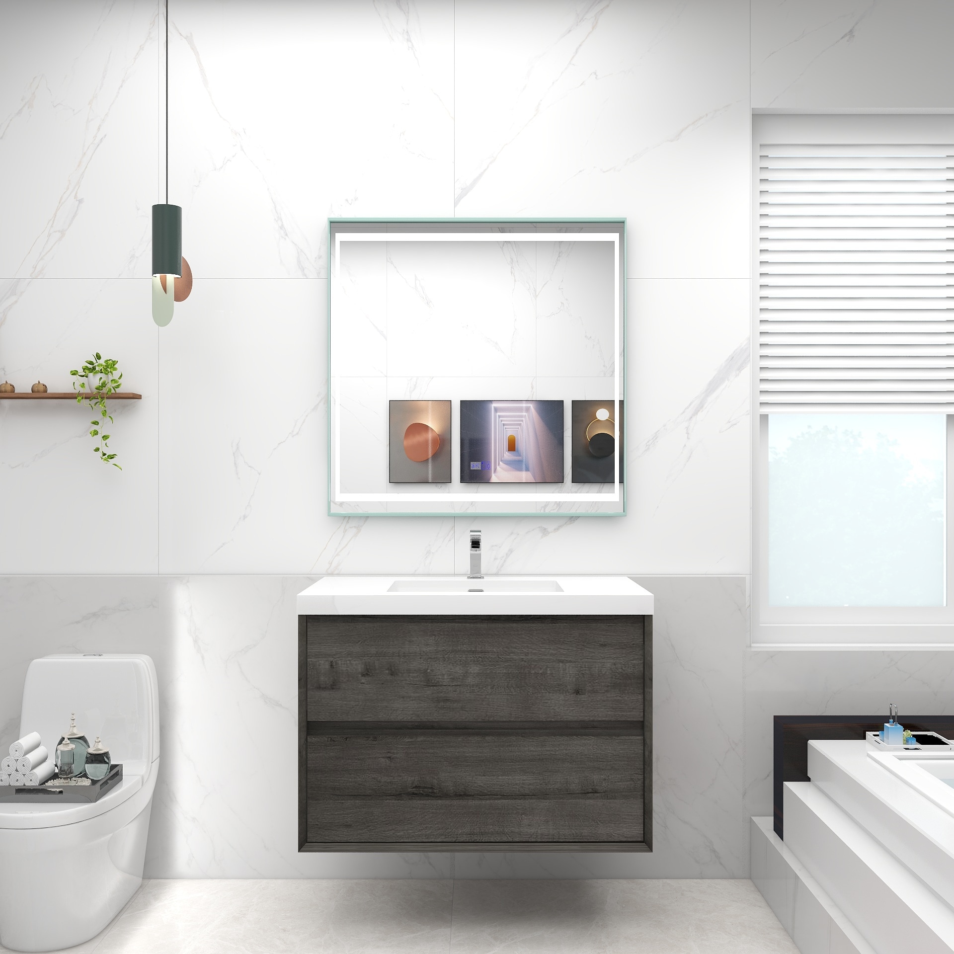 BV Better Vanity SLIM36-SO Kingdee 36-in Smoke Oak Single Sink Floating Bathroom Vanity with White Acrylic Top