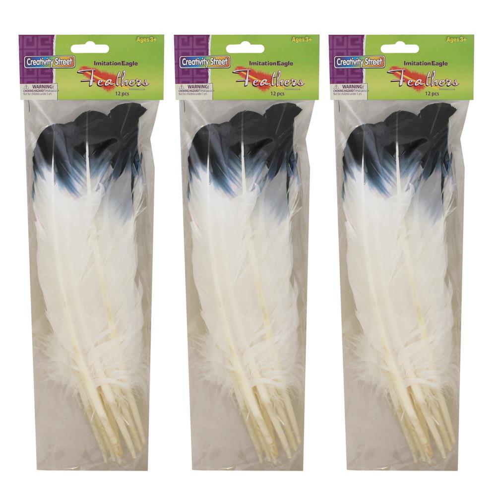 Creativity Street 2-Tone Imitation Eagle Feathers, 10 to 12 Inches, White with Black Tip, Pack of 12