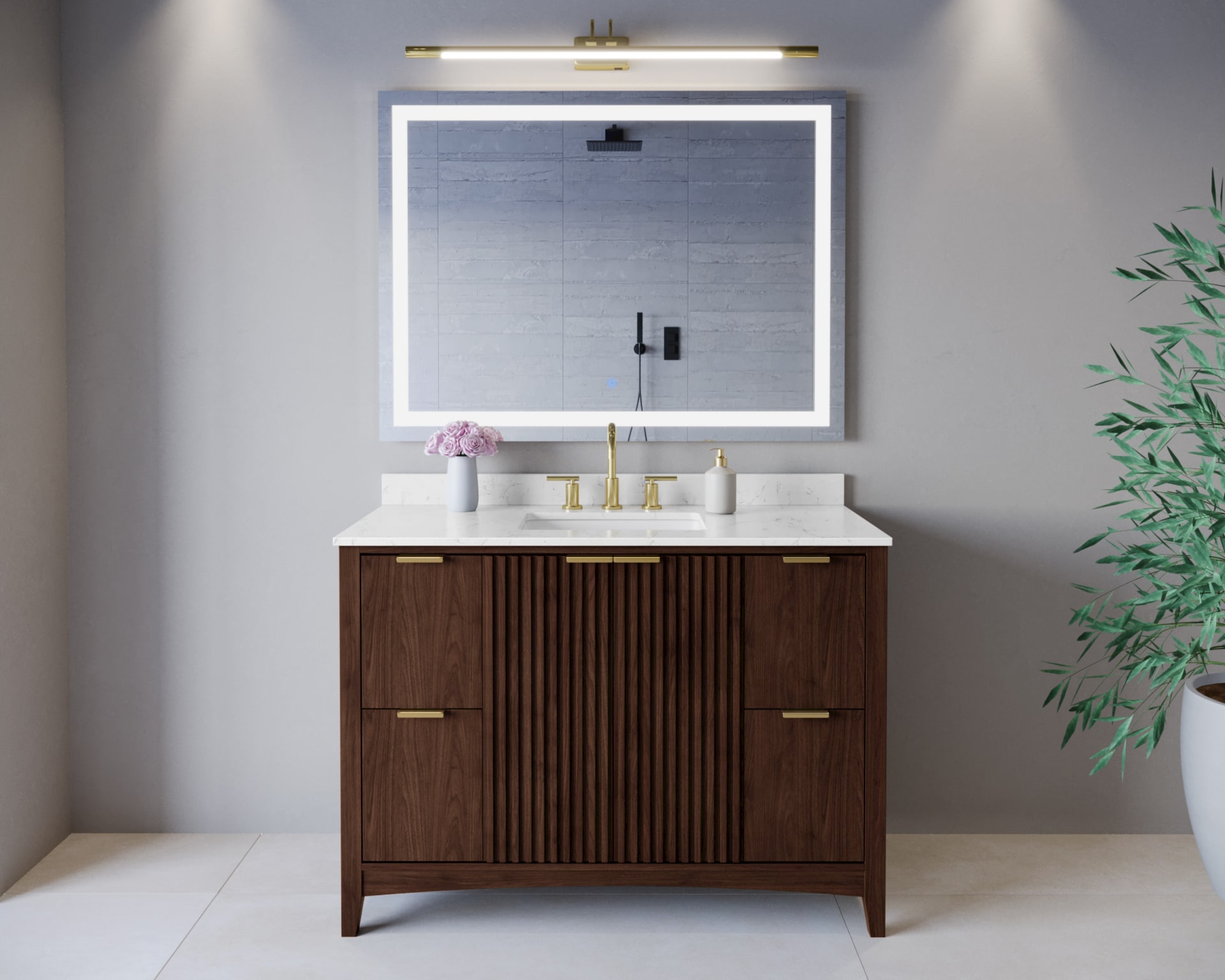 Wyndham Collection WCF919148SDDCCUS3MXX Palmilla 48-in Dark Walnut with Brushed Gold Trim Undermount Single Sink Bathroom Vanity with Carrara Cultured Marble Cultured Marble Top