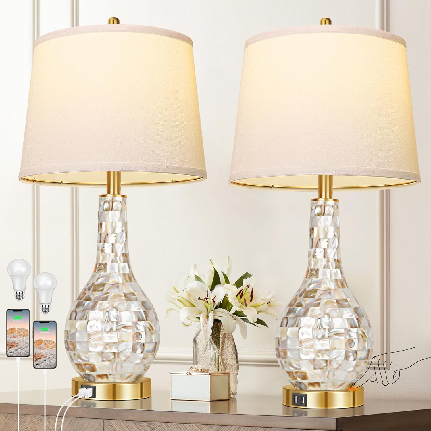 Coolbibila BELLA-LAMP-GOLD Set of 2 Modern Gold Shell Pearl Coastal Table Lamps with USB Port for Bedroom or Living Room