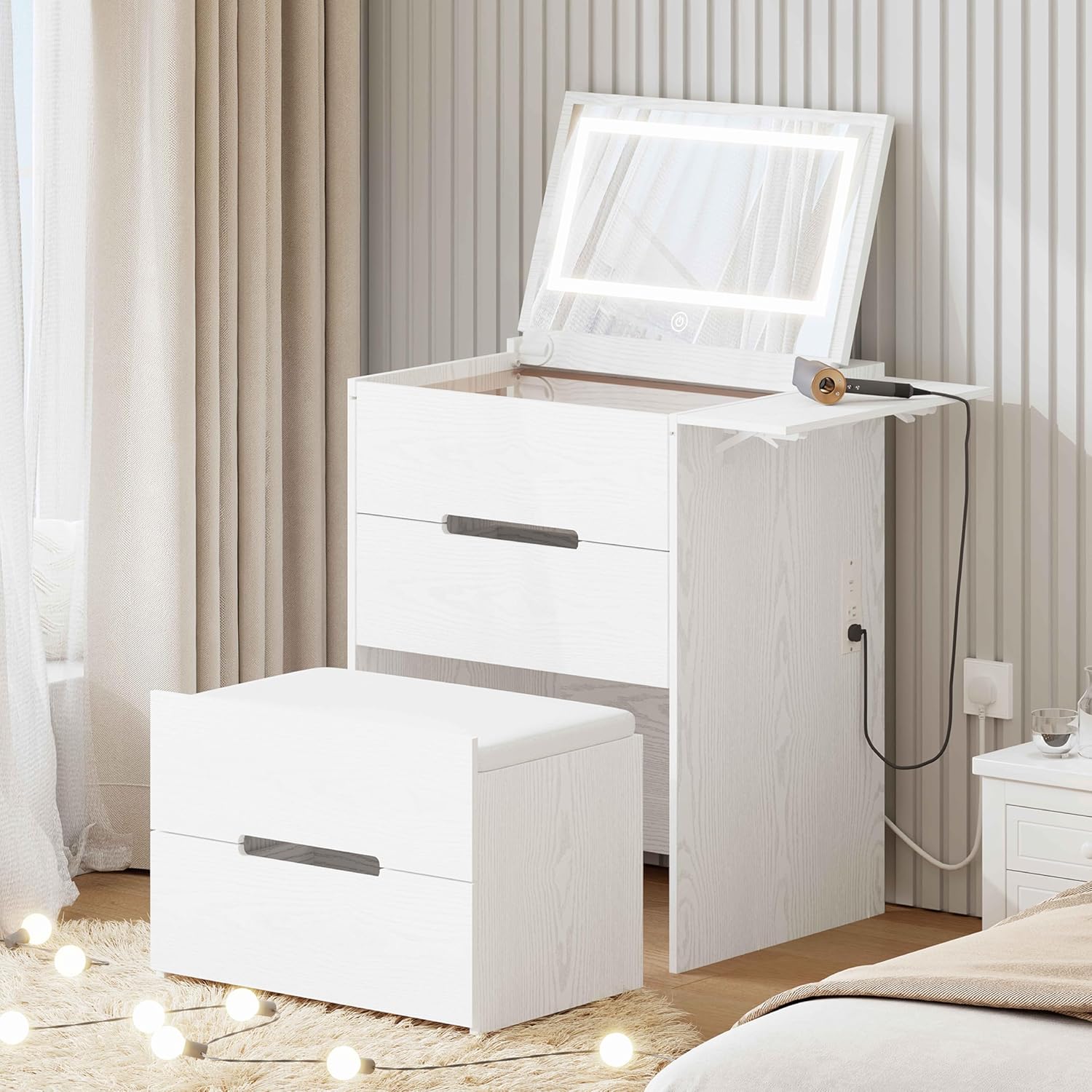 Likimio KZWVIJTFWEMH5HBG 31.1-in W Wood White Small Vanity Table Set with LED Lighted Mirror and 3 Drawers and Power Outlet